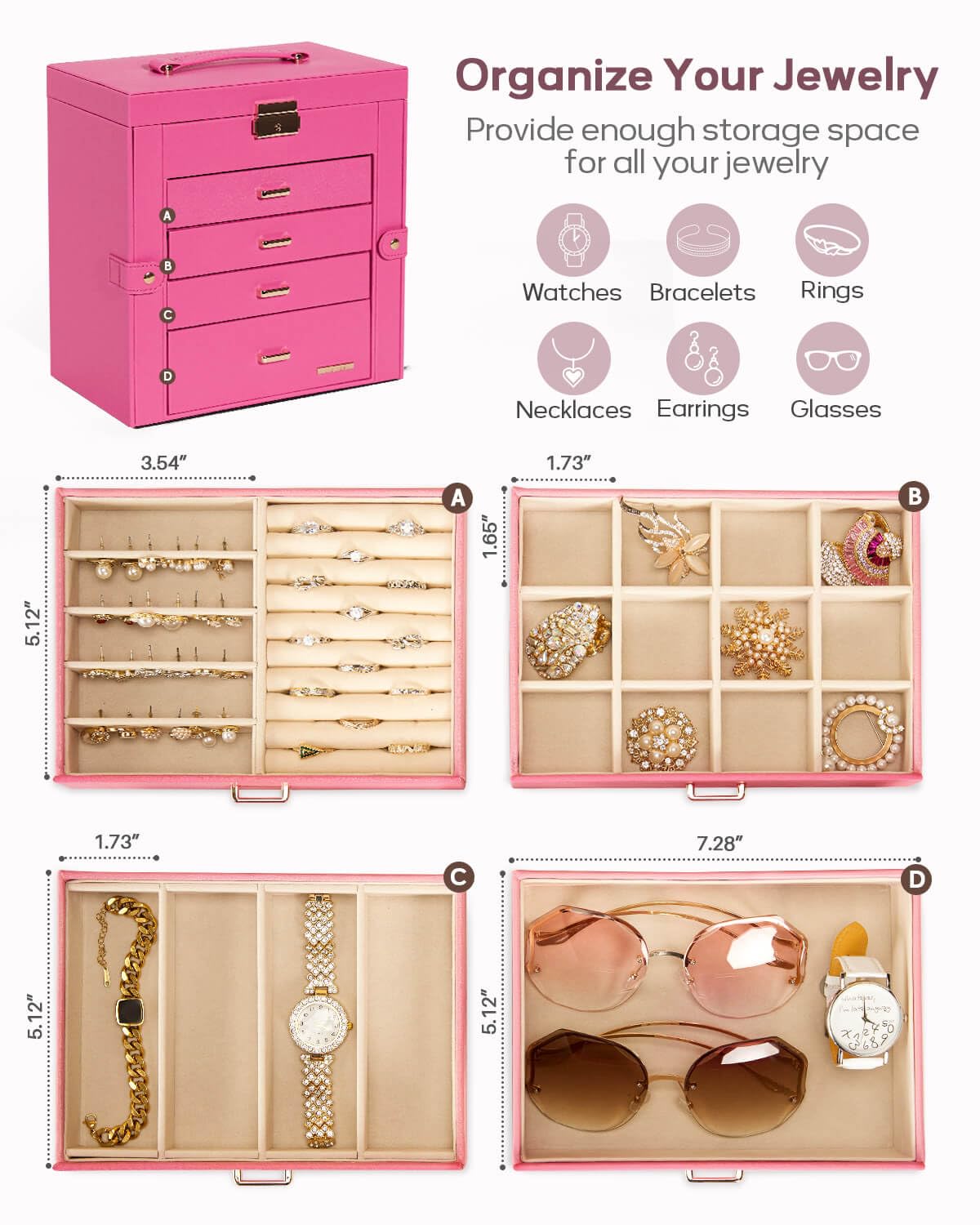 Homde Mothers Day Gifts Synthetic Leather Huge Jewelry Box Mirrored Watch Organizer Necklace Ring Earring Storage Lockable Gift Case (Black + Gold)