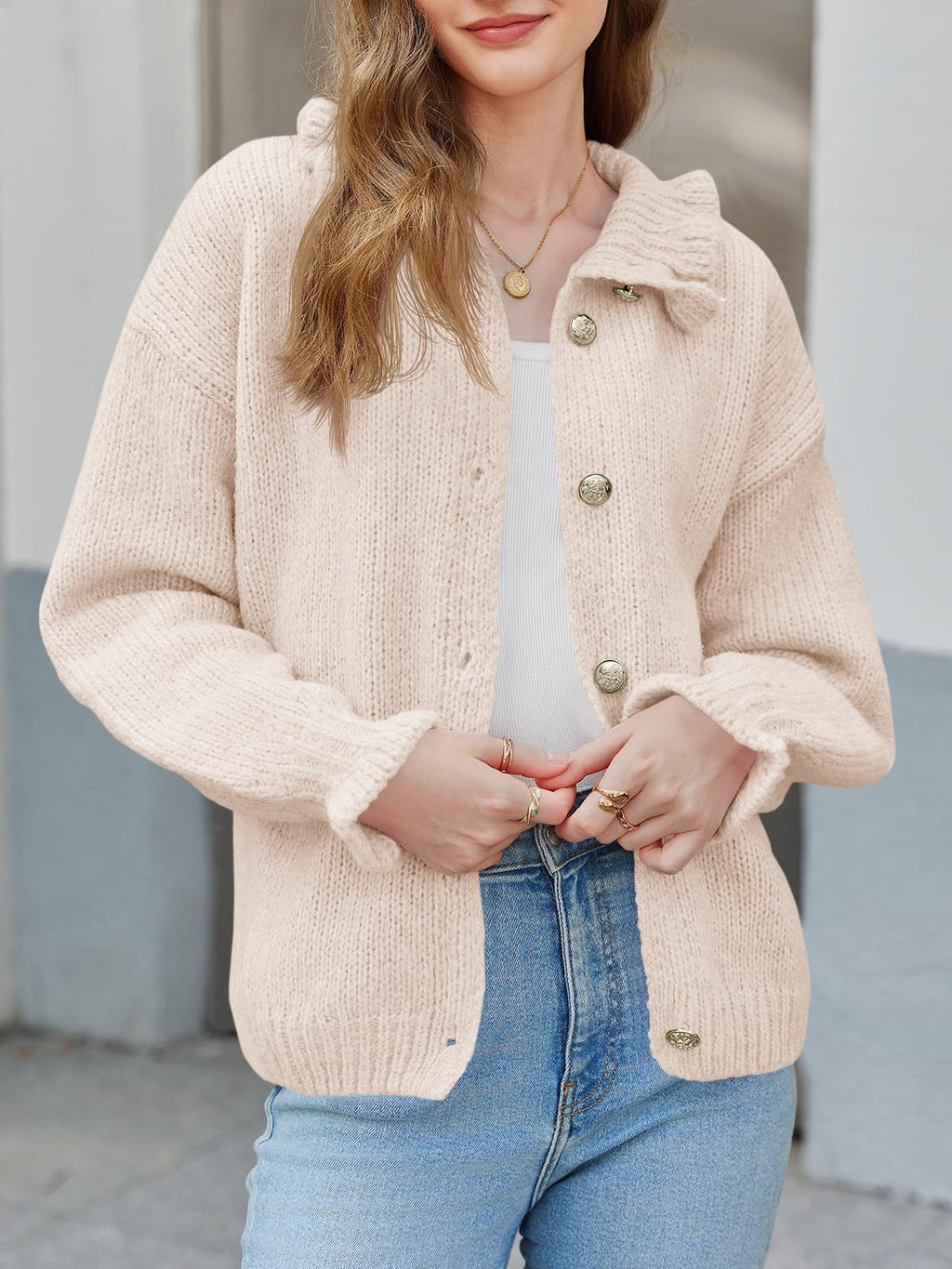 Saodimallsu Womens Ruffle Cardigan Oversized Button Up Fall Trendy Ribbed Knit Open Front Long Sleeve Loose Cute Sweater