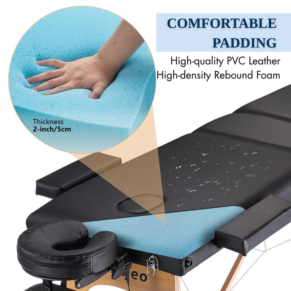 Portable Massage Table Massage Bed Professional SPA Reiki Eyelash Salon Bed, Wooden Frame Height Adjustment Accessories, Black (3-Section)