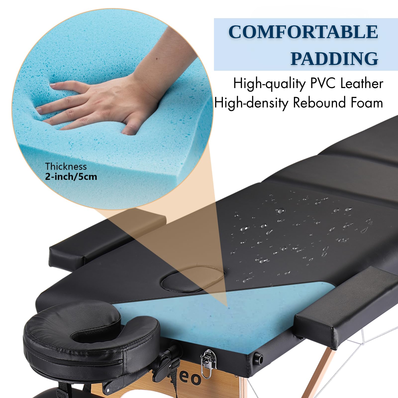 Portable Massage Table Massage Bed Professional SPA Reiki Eyelash Salon Bed, Wooden Frame Height Adjustment Accessories, Black (3-Section)