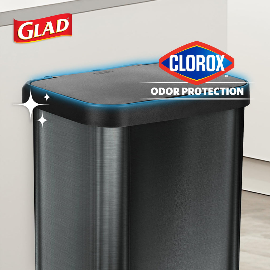 Glad 13 Gallon All Brushed Stainless Steel Trash Can with Clorox Odor Protection | Large Metal Kitchen Garbage Bin with Soft Close Lid, Garbage Bag Rings, Step On Foot Pedal and Waste Bag Roll Holder