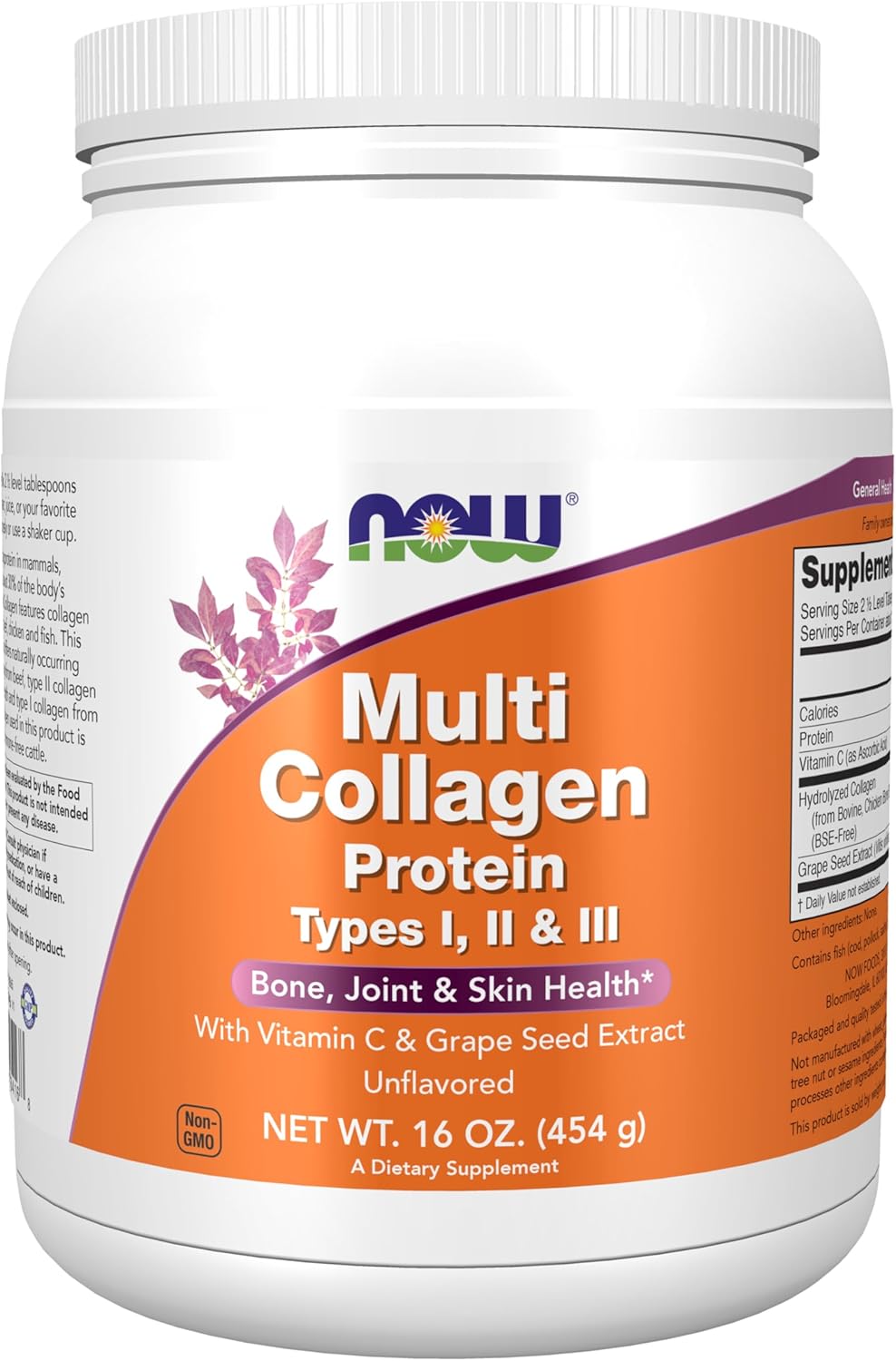 Now Foods Supplements, Multi Collagen Protein Types I, II & III Powder, Bone, Joint, and Skin Health, 16 oz (454 g)