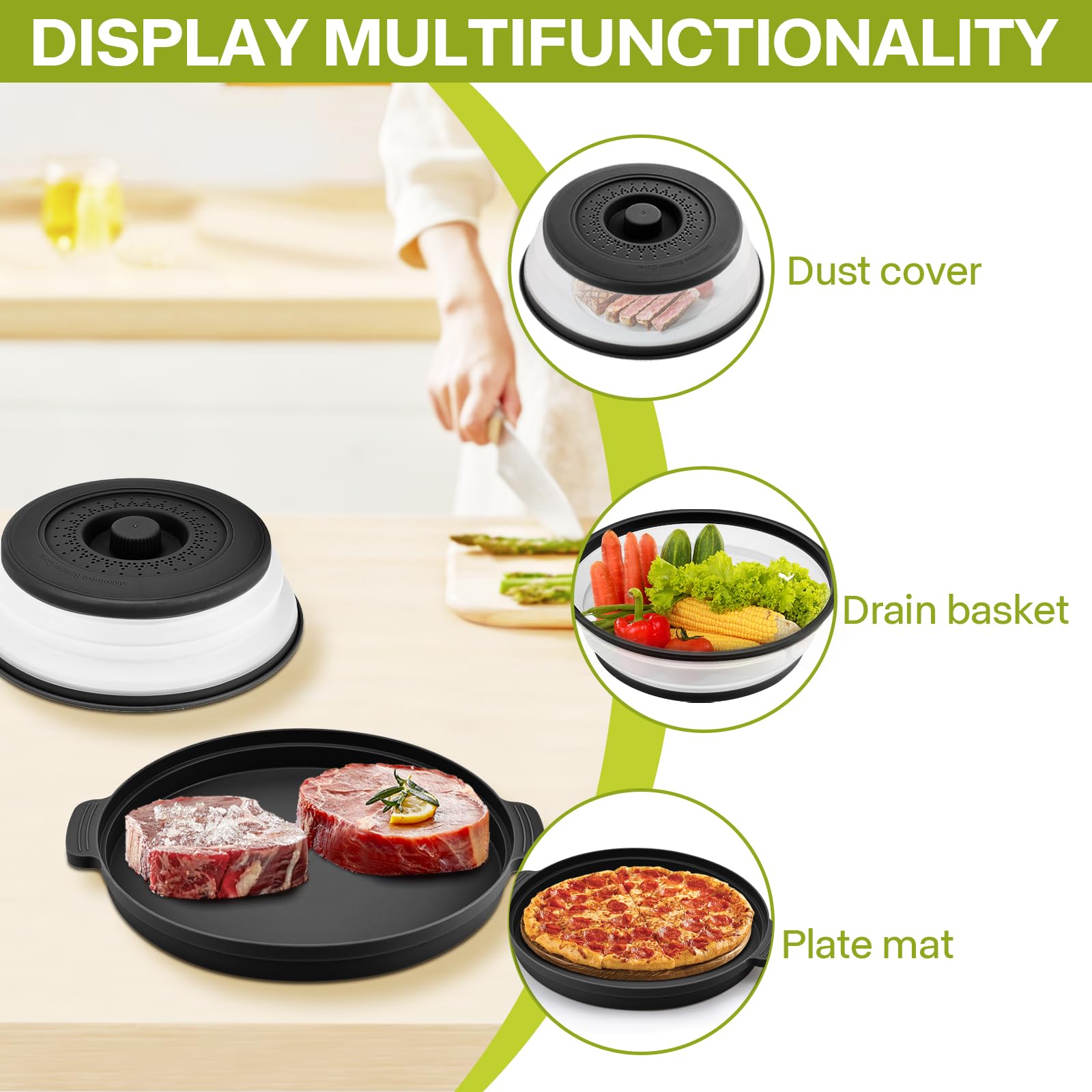 Microwave Splatter Cover for Food with Anti-scald Base Plate,Large Plastic & Silicone Vented Avoid Scalding Collapsible Guard Lid, Plate Holder & Kitchen Colander for Meal Prep-10.7 Inch (2 Pcs BRed)