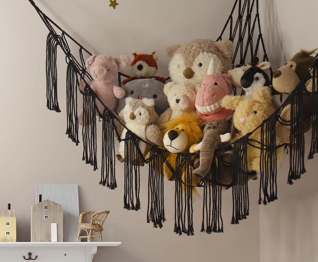 Stuffed Animal Hammock Corner with LED Light - Toy Storage Hammock Plushie Net Large - Cute Stuff Animals Holder Hanging Organizer - Baby Room Decor Kids Toddler Nursery Bedroom Boho