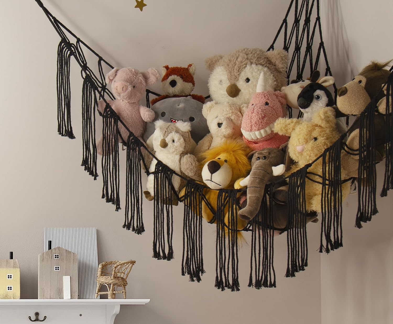 Stuffed Animal Hammock Corner with LED Light - Toy Storage Hammock Plushie Net Large - Cute Stuff Animals Holder Hanging Organizer - Baby Room Decor Kids Toddler Nursery Bedroom Boho