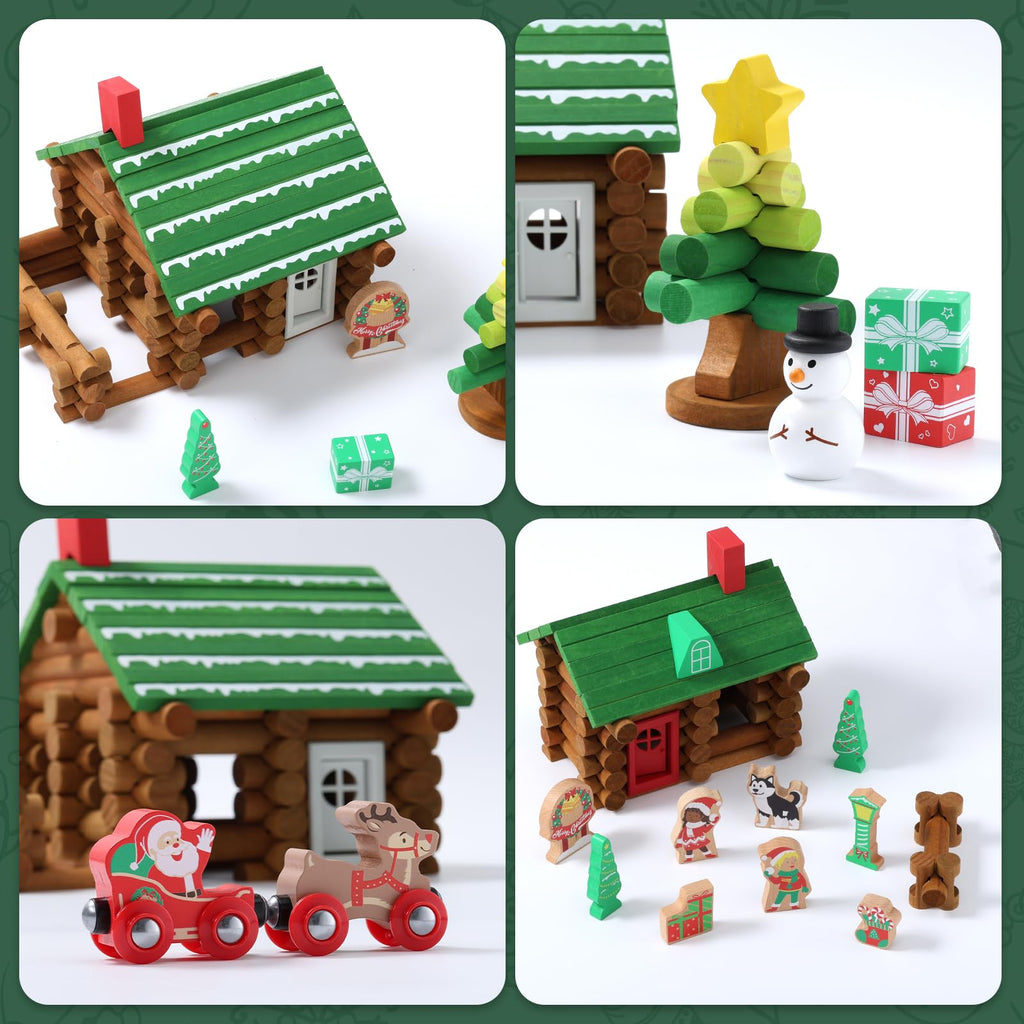 SainSmart Jr. 110 PCS Wooden Log Cabin Set Building House Toy for Toddlers, Classic STEM Construction Kit with Colorful Wood Logs Blocks for 3+ Years Old