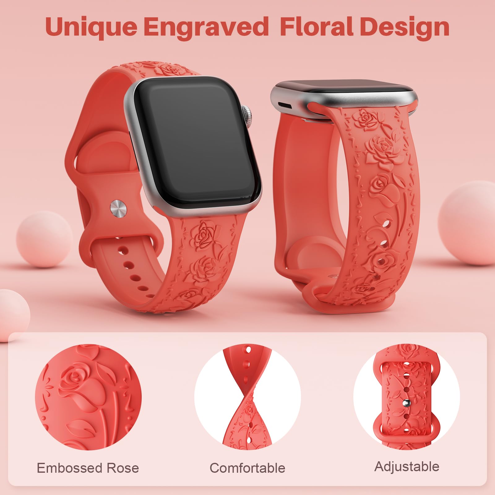 Floral Engraved Band Compatible with Apple Watch Band 40mm 41mm 38mm 42mm 44mm 45mm 46mm 49mm Women, Soft Silicone Cute Embossed Flower Strap for iWatch Band Series SE Ultra 11 10 9 8 7 6 5 4 3 2 1