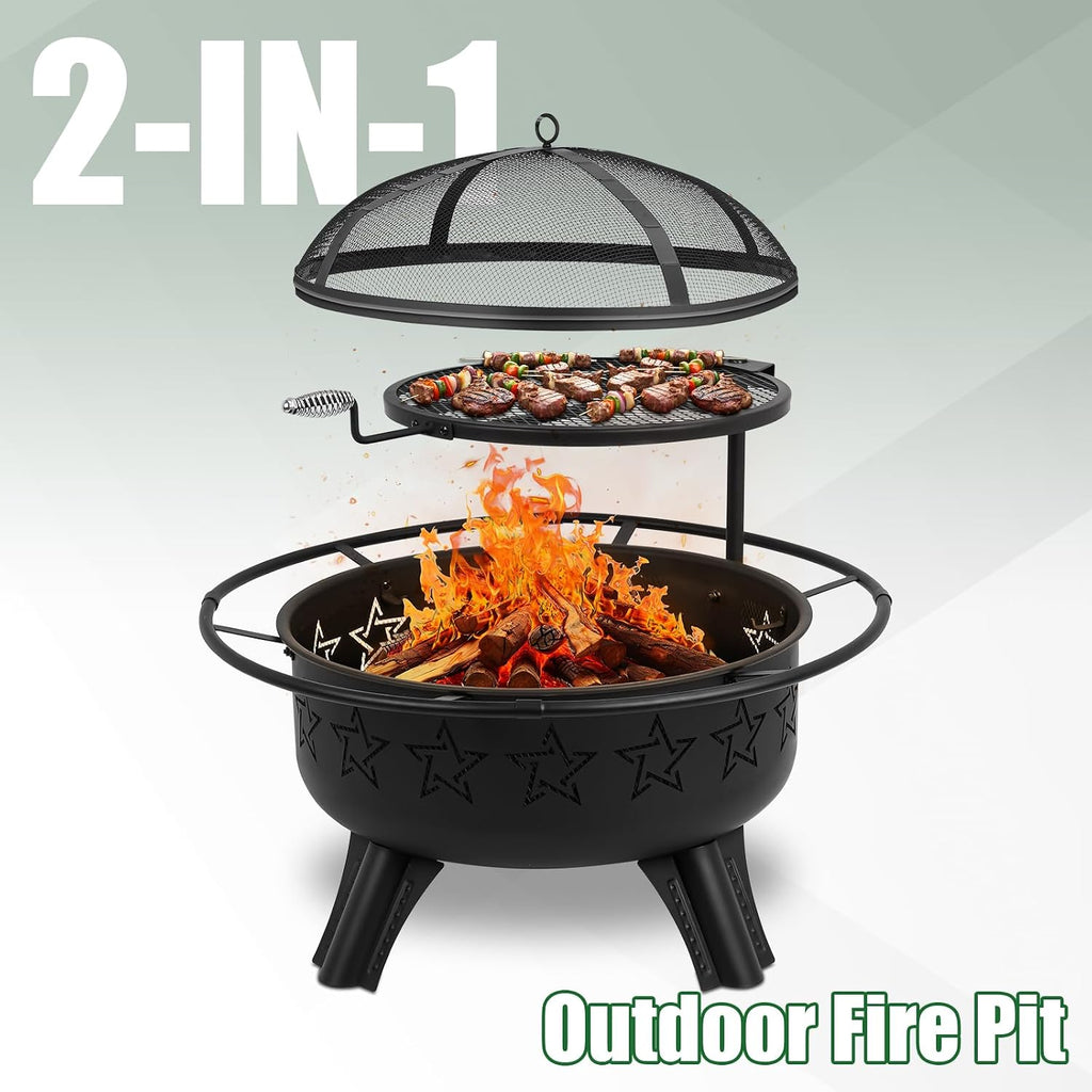 Gbekery 31" 2-in-1 Wood Burning Fire Pit with Swivel BBQ Grills & Spark Screen for Outside - Heavy Duty Outdoor Firepit with Charcoal Pan, Log Rack & Poker - for Backyard, Patio, Garden Bonfire