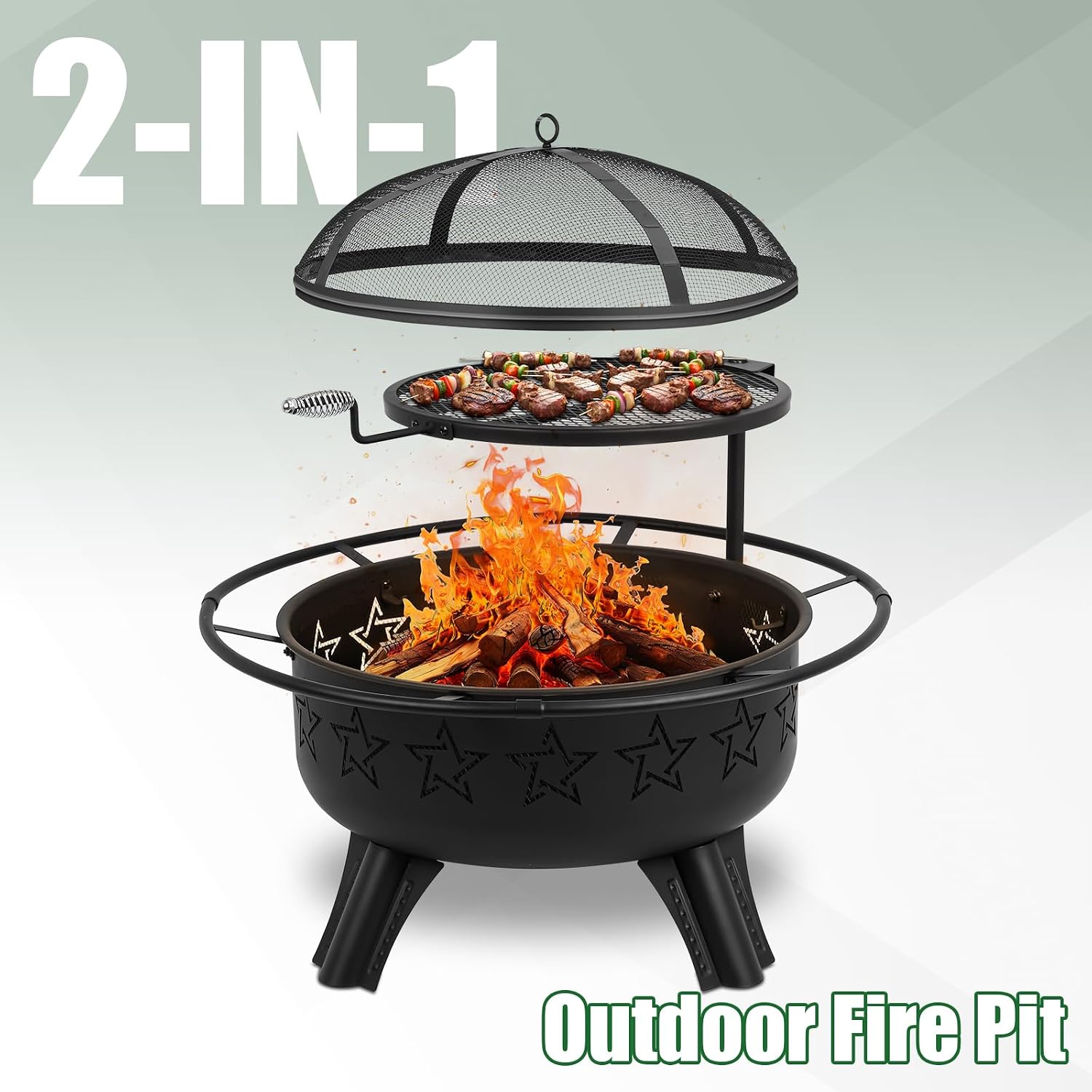 Gbekery 31" 2-in-1 Wood Burning Fire Pit with Swivel BBQ Grills & Spark Screen for Outside - Heavy Duty Outdoor Firepit with Charcoal Pan, Log Rack & Poker - for Backyard, Patio, Garden Bonfire