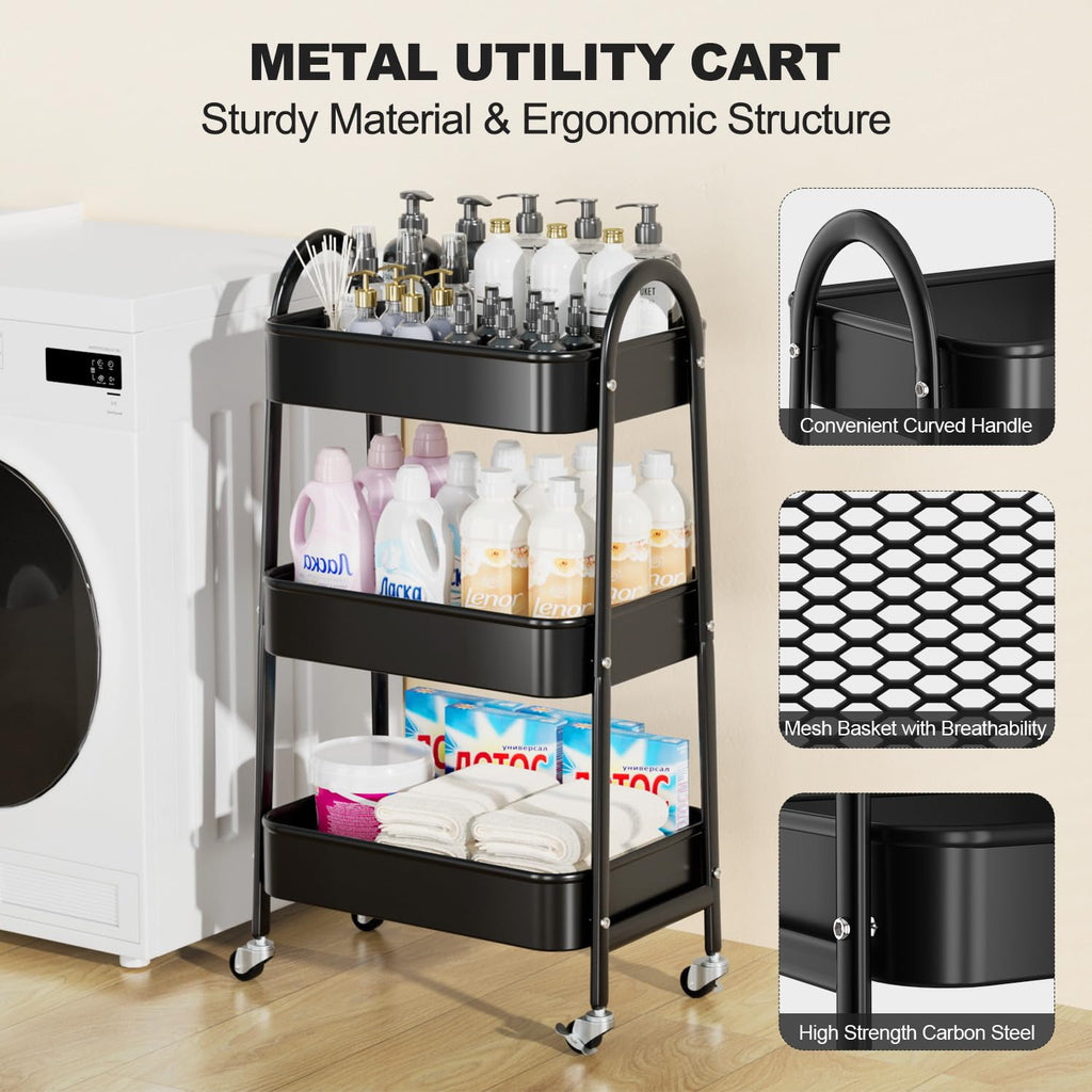 EAGMAK 3 Tier Rolling Cart, Large Metal Storage Cart with Handle and Lockable Wheels, Big Multifunctional Storage Organizer Trolley with Mesh Baskets for Kitchen, Living Room, Office, Garage (Beige)