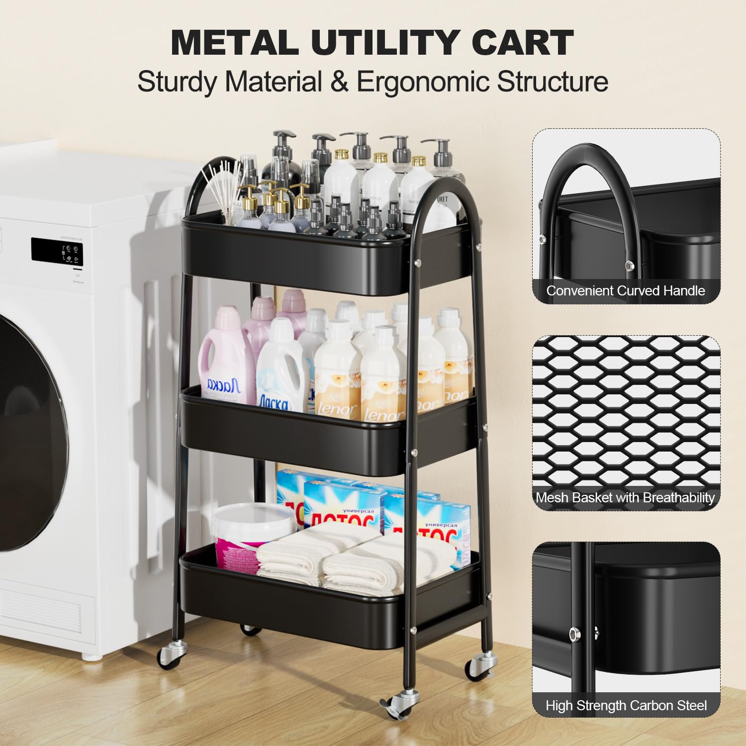 EAGMAK 3 Tier Rolling Cart, Large Metal Storage Cart with Handle and Lockable Wheels, Big Multifunctional Storage Organizer Trolley with Mesh Baskets for Kitchen, Living Room, Office, Garage (Beige)
