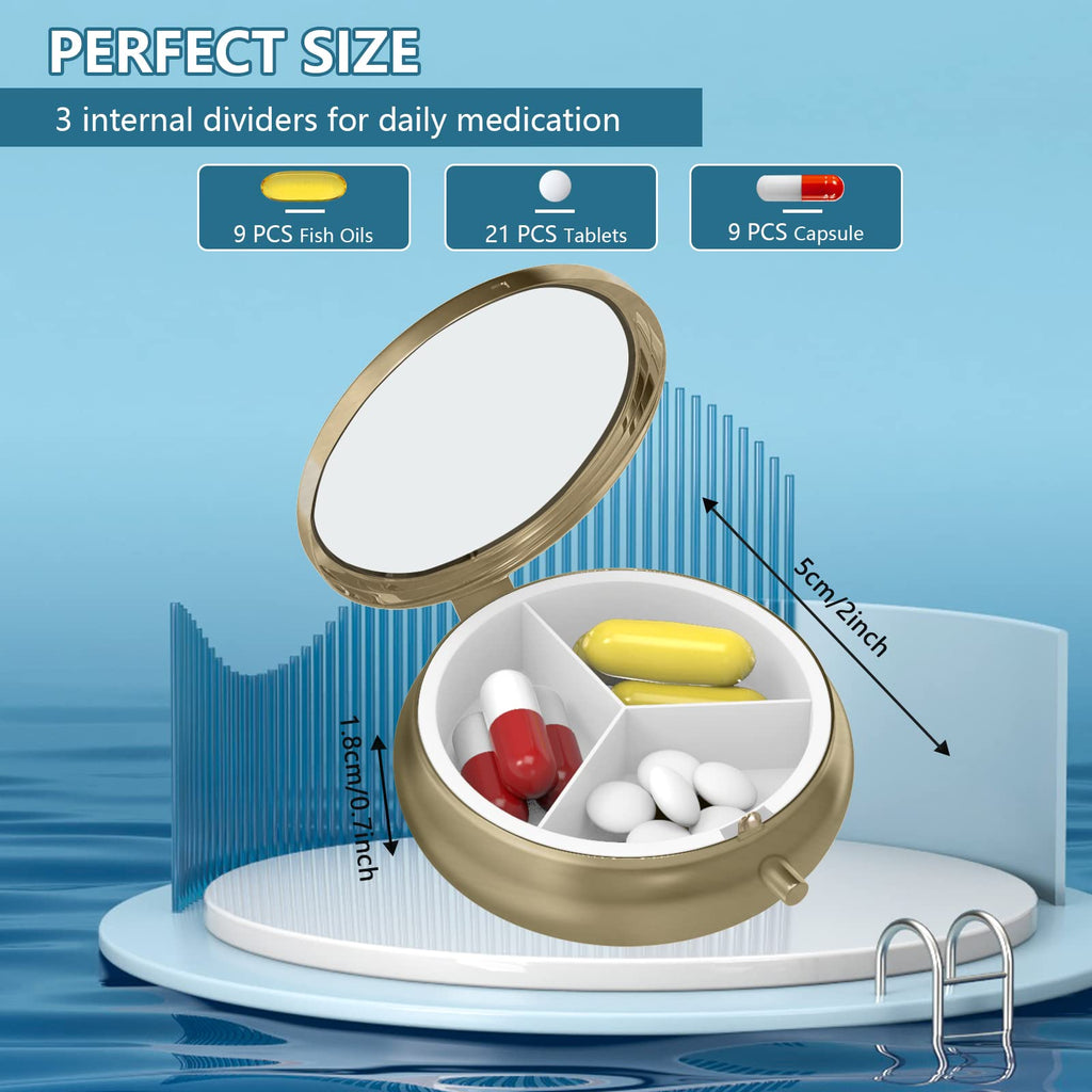 Pill Case Pill Box with Mirror Retro 2 Compartment Small Pill Case for Purse or Pocket Bronze Rectangular Pill Box or Vitamins, Fish Oil, Supplements, Pill Containe Travel Gifts（Retro Red Flowers）
