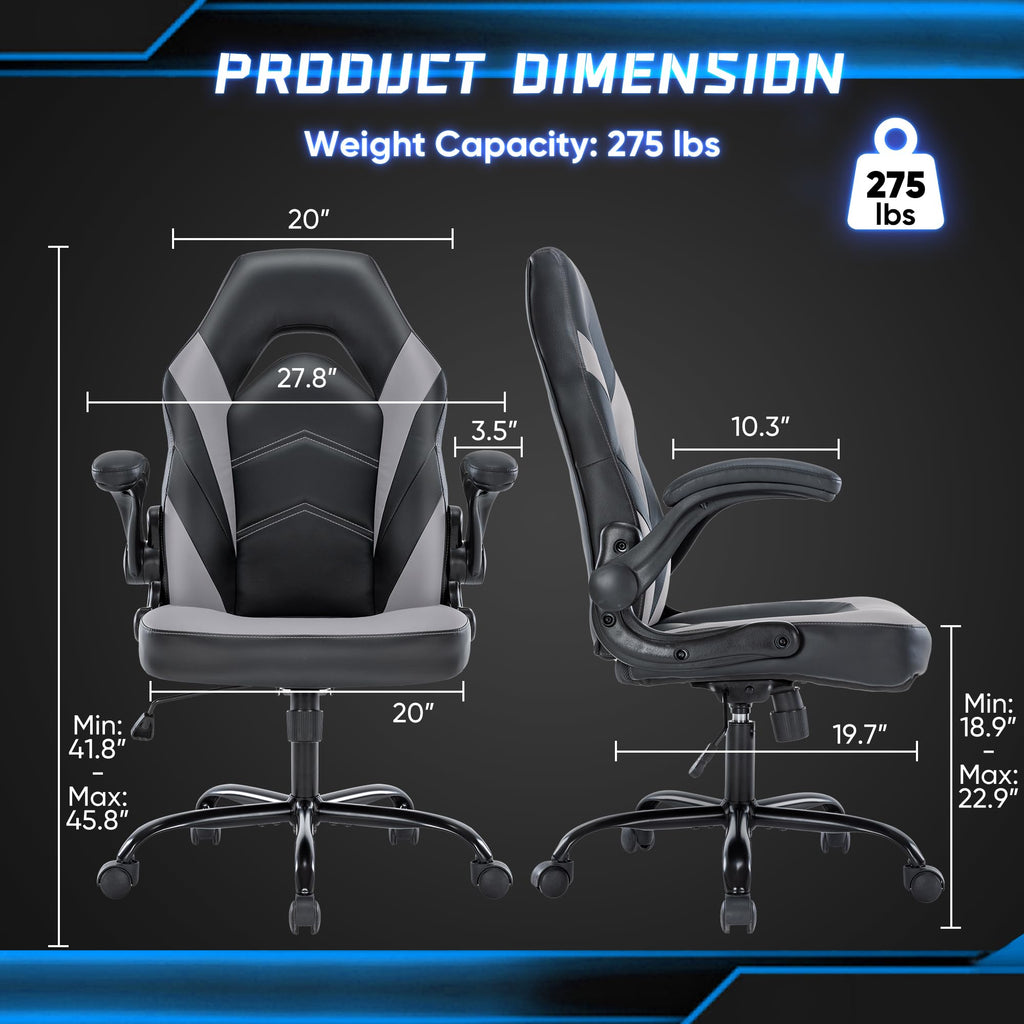 OLIXIS Computer Gaming Desk Chair - Ergonomic Video Game with Comfy Lumbar Support and headrest, PU Leather with Flip-up Arms, Adjustable Height and Swivel Wheels, for Adults, Black