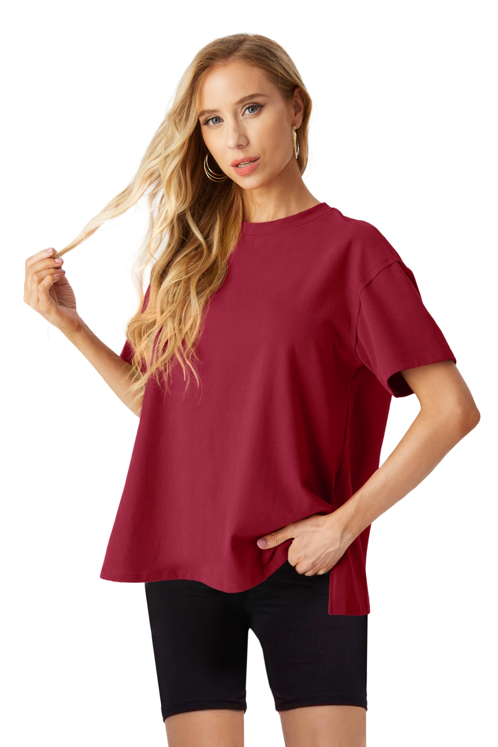 Lepunuo Oversized T Shirts for Women Summer Tops 2024 Trendy Cotton Casual Loose Fit Short Sleeve Side Slit Tee Shirts
