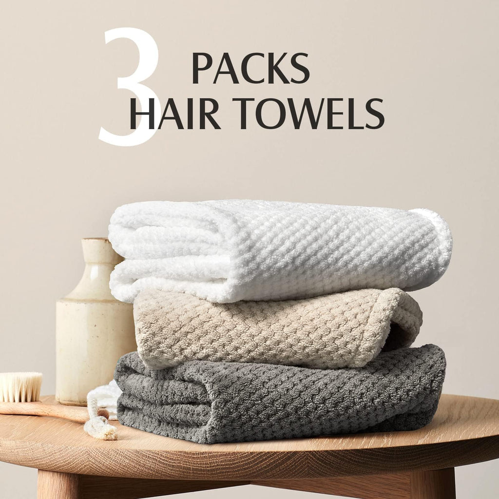 YFONG 3 Pack Large Microfiber Hair Towel Wrap, 30" x 10" Thicker Anti Frizz Quick Dry Hair Towels for Women Long, Curly, Thick Hair, Super Absorbent Hair Turban for Wet Hair (Grey, Pink, Blue)