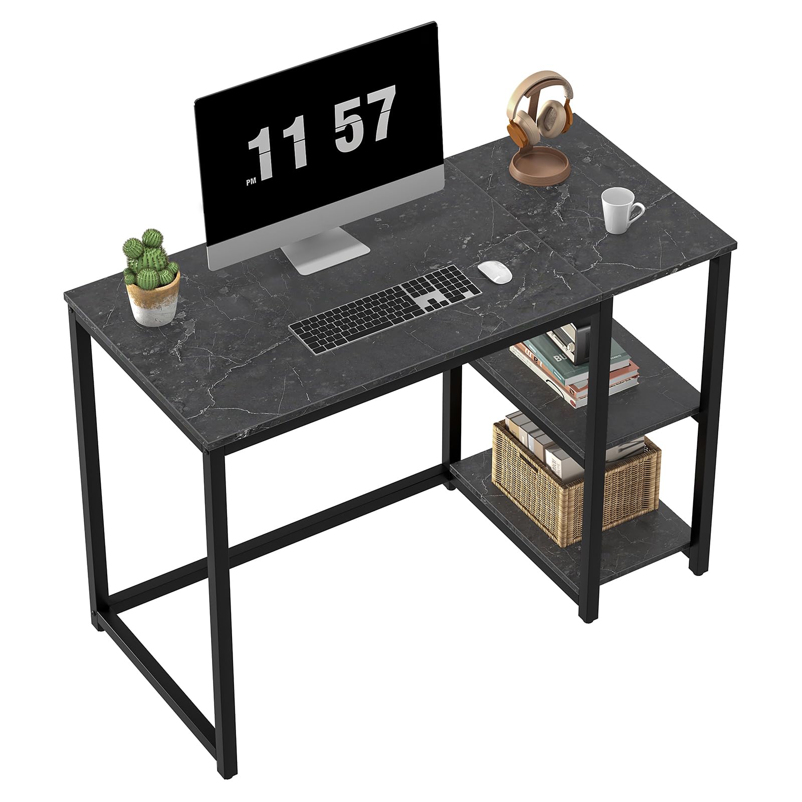 SINPAID 40 Inch Small Gaming Desk with Shelves for Small Spaces, Easy Assembly Study Desk, Sturdy Writing Desk for Bedroom & Home Office, Black