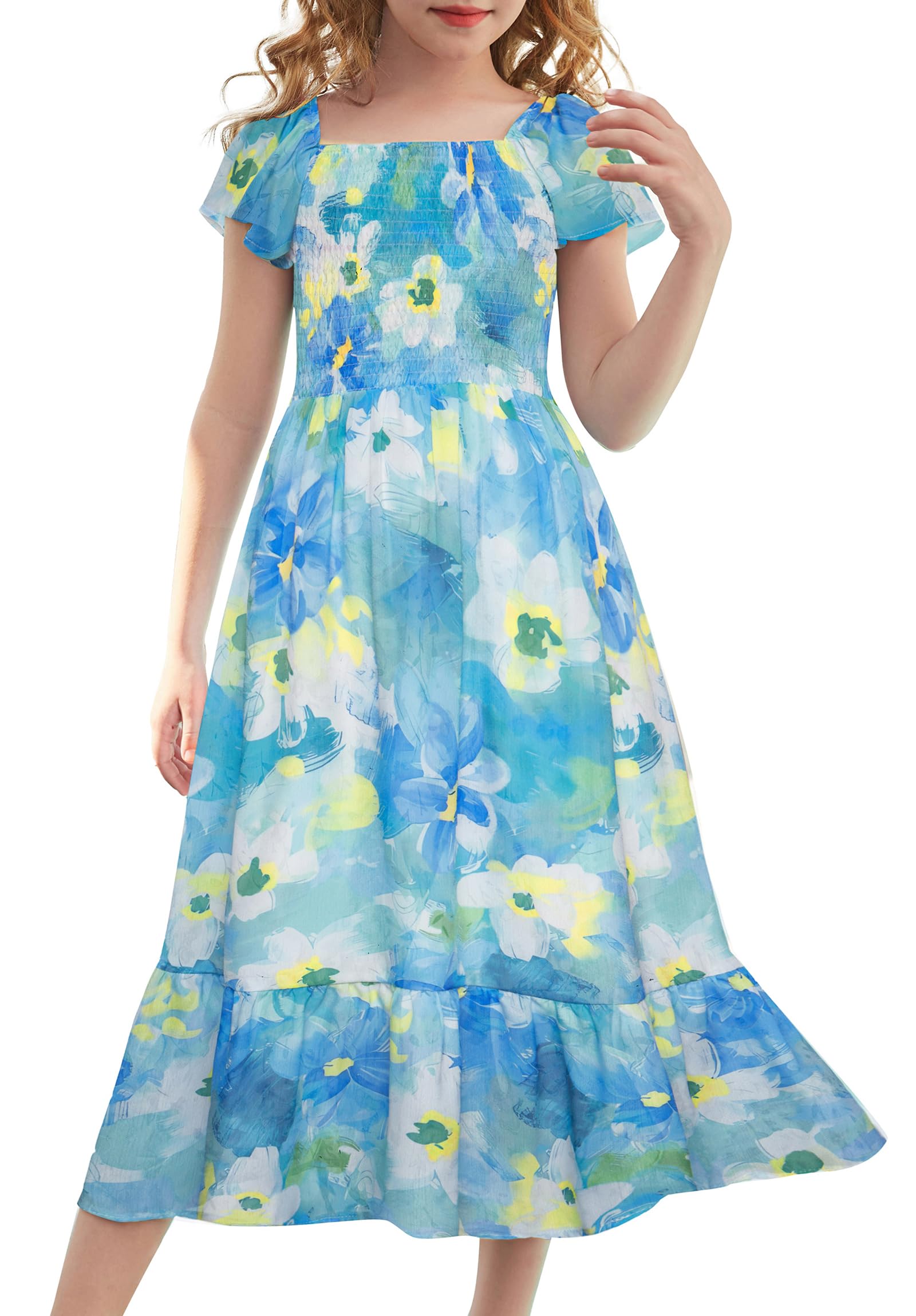 GRACE KARIN Girls Flutter Sleeve Floral Dresses Girl Long Midi Spring Dress Kids Smocked Flare Summer Dress 6-16Y