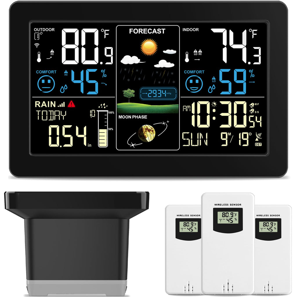 Weather Station with Rain Gauge Outdoor, Home Weather Stations Wireless Indoor Outdoor with Digital Rain Gauges, Thermometer, Barometer, Hygrometer, Atomic Clock, Weather Forecast, with 3 Sensor