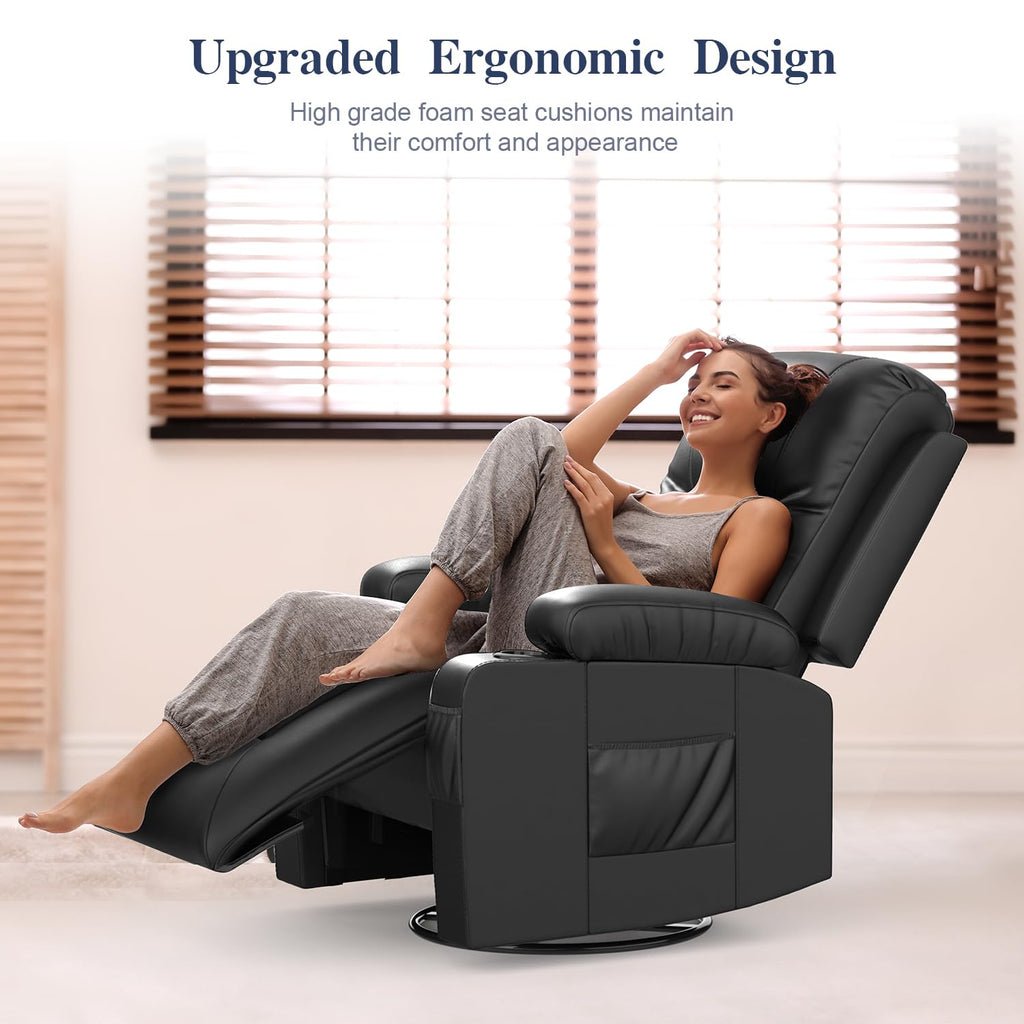 Recliner Chairs for Adults, FSC Certified Massage Reclining Chair with Heated Modern, Ergonomic Lounge Single Reclining Sofa Seat with Cup Holder & Pocket, Living Room Lounge Recliners Black