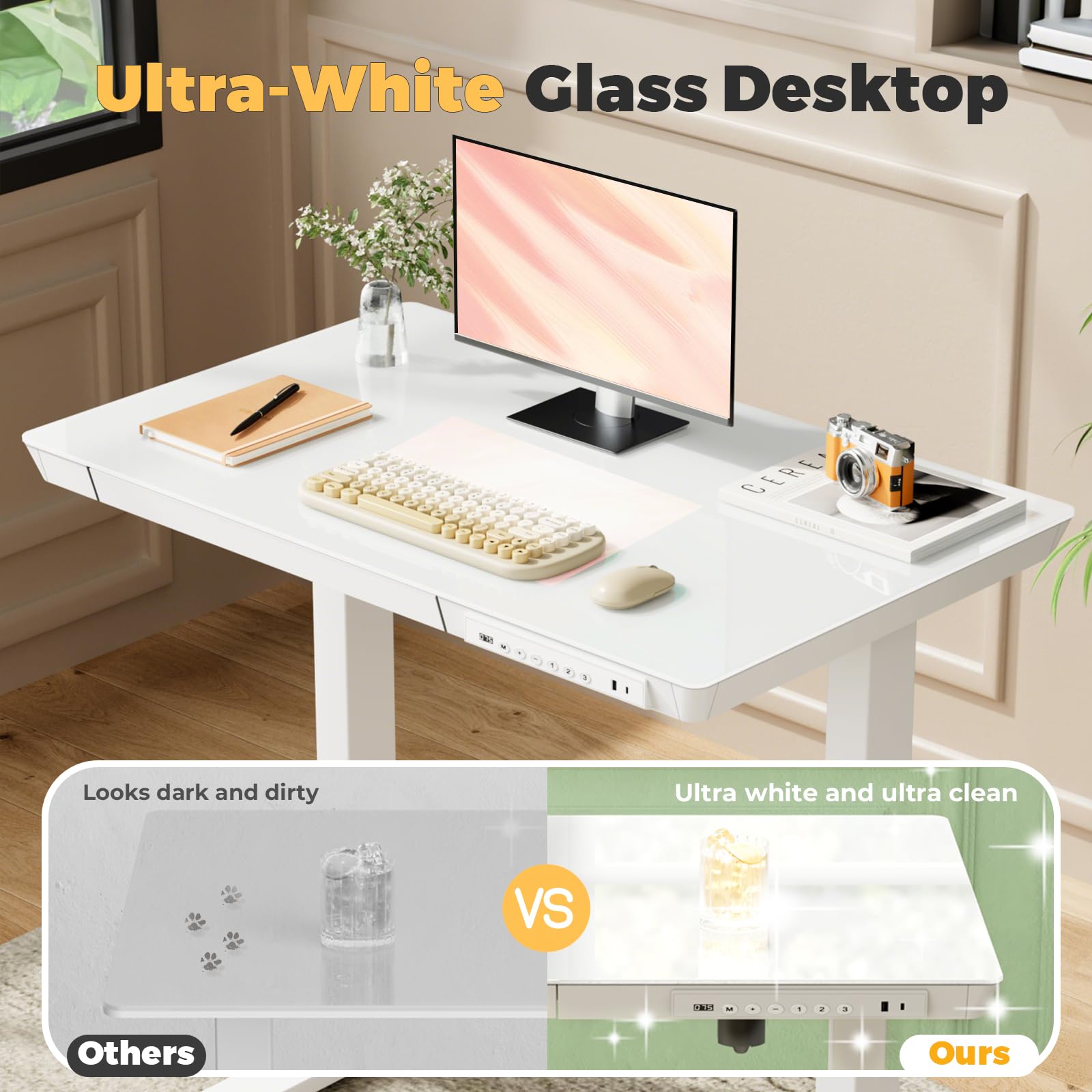 Glass Electric Standing Desk with Drawer, 35" x 20" Whole Piece Tabletop Samll Sit Stand Table, Height Adjustable Workstation with Storage & USB Ports, Quick Install Home Office Desk