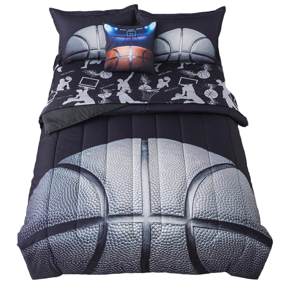 ADASMILE A & S 6 Pieces Basketball Comforter Set Twin Black Basketball Bedding for Boys Kids Teens Sport Bed in A Bag Comforter with Balls Sheets All Season Sports Themed Bed Set for Home Decor