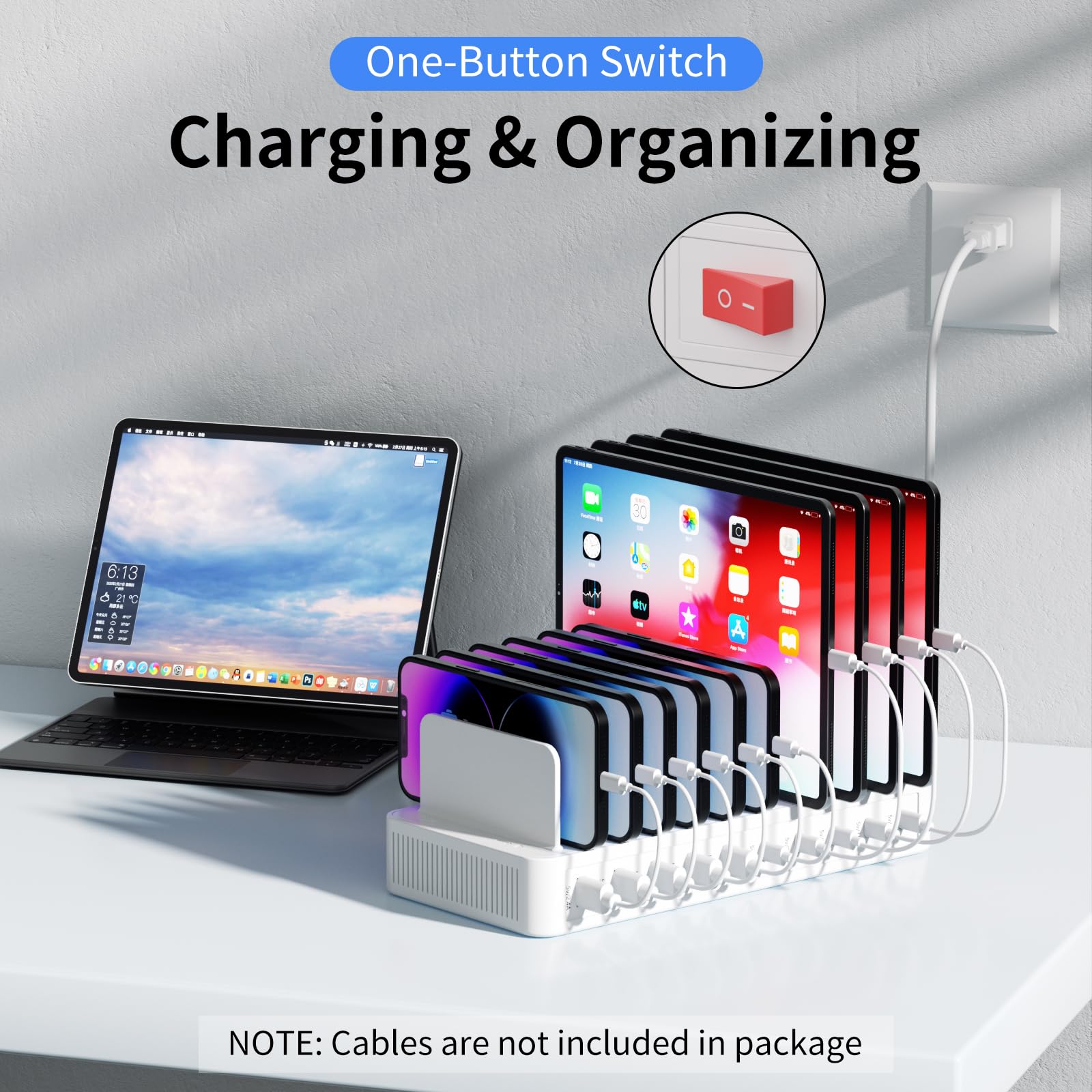 60W Charging Station for Multiple Devices, 10-Port USB Fast Charging Station with Adjustable Dividers - Device Organizer Charging Dock for iPhone, Android, iPad, Tablets & More
