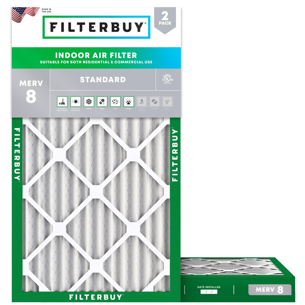 Filterbuy 8x14x1 Air Filter MERV 8 Essential Dust & Allergy Defense (2-Pack), Electrostatic Pleated HVAC AC Furnace Filters Replacement, Made in USA (Actual Size: 7.50 x 13.50 x 0.75)