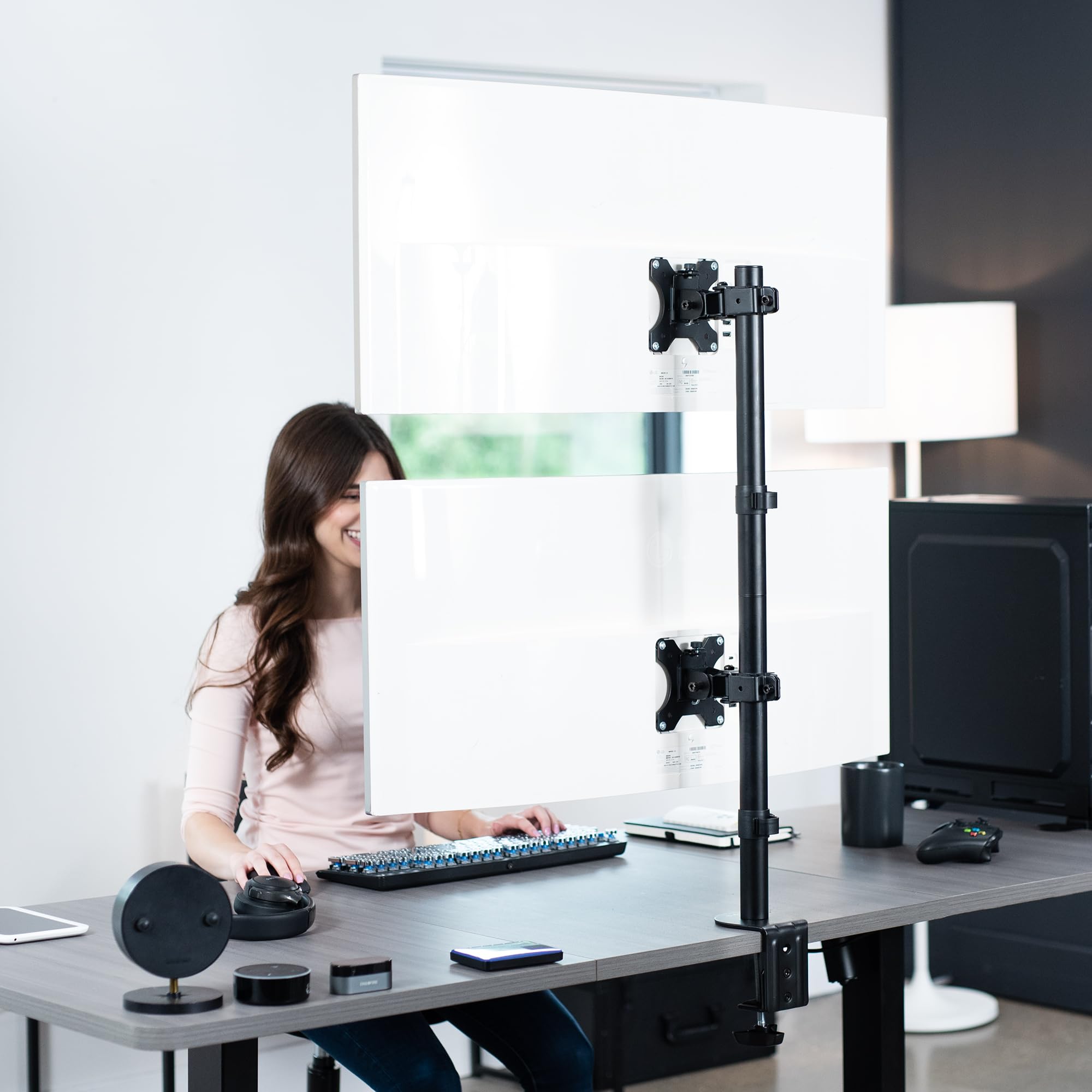 VIVO Dual Monitor Desk Mount Stand with Height Adjustment and VESA Plates for 2 LCD Ultrawide Screens up to 34 inches, Stacked Array, STAND-V002R