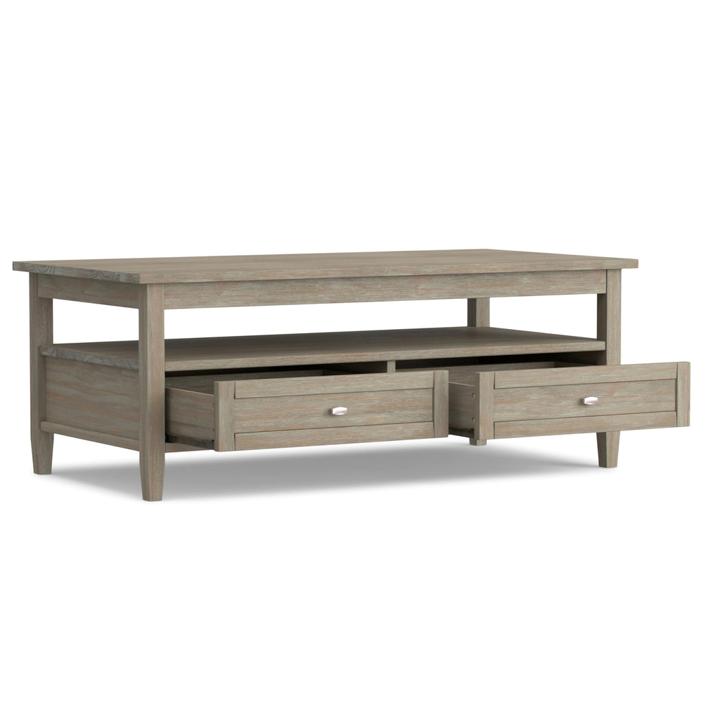 SIMPLIHOME Warm Shaker Coffee Table - 48 inch Wide Solid Wood Coffee Table in Black, Transitional Living Room Table with 2 Drawers, Open Shelf, Shaker Fronts and Tapered Legs