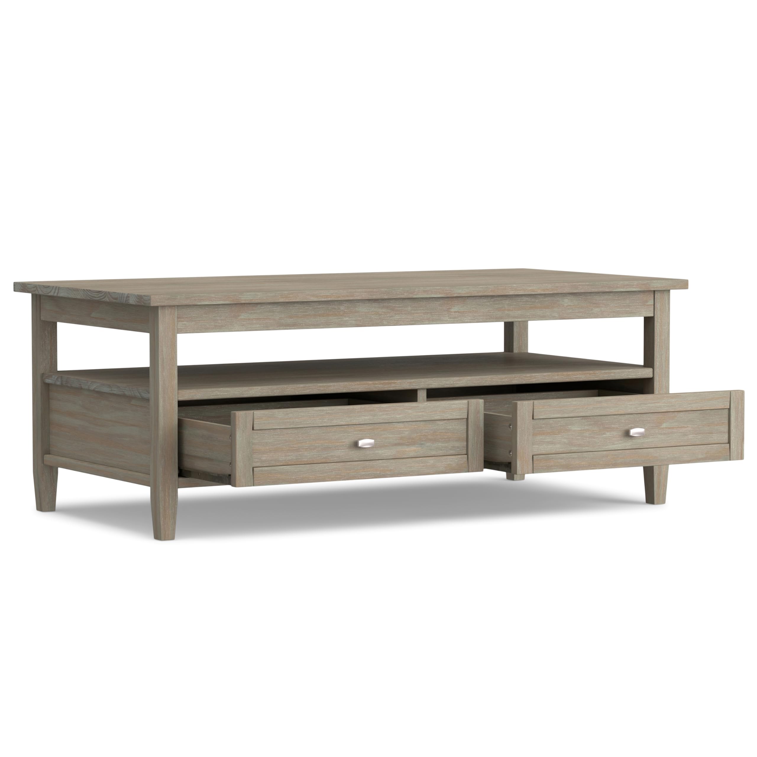 SIMPLIHOME Warm Shaker Coffee Table - 48 inch Wide Solid Wood Coffee Table in Black, Transitional Living Room Table with 2 Drawers, Open Shelf, Shaker Fronts and Tapered Legs