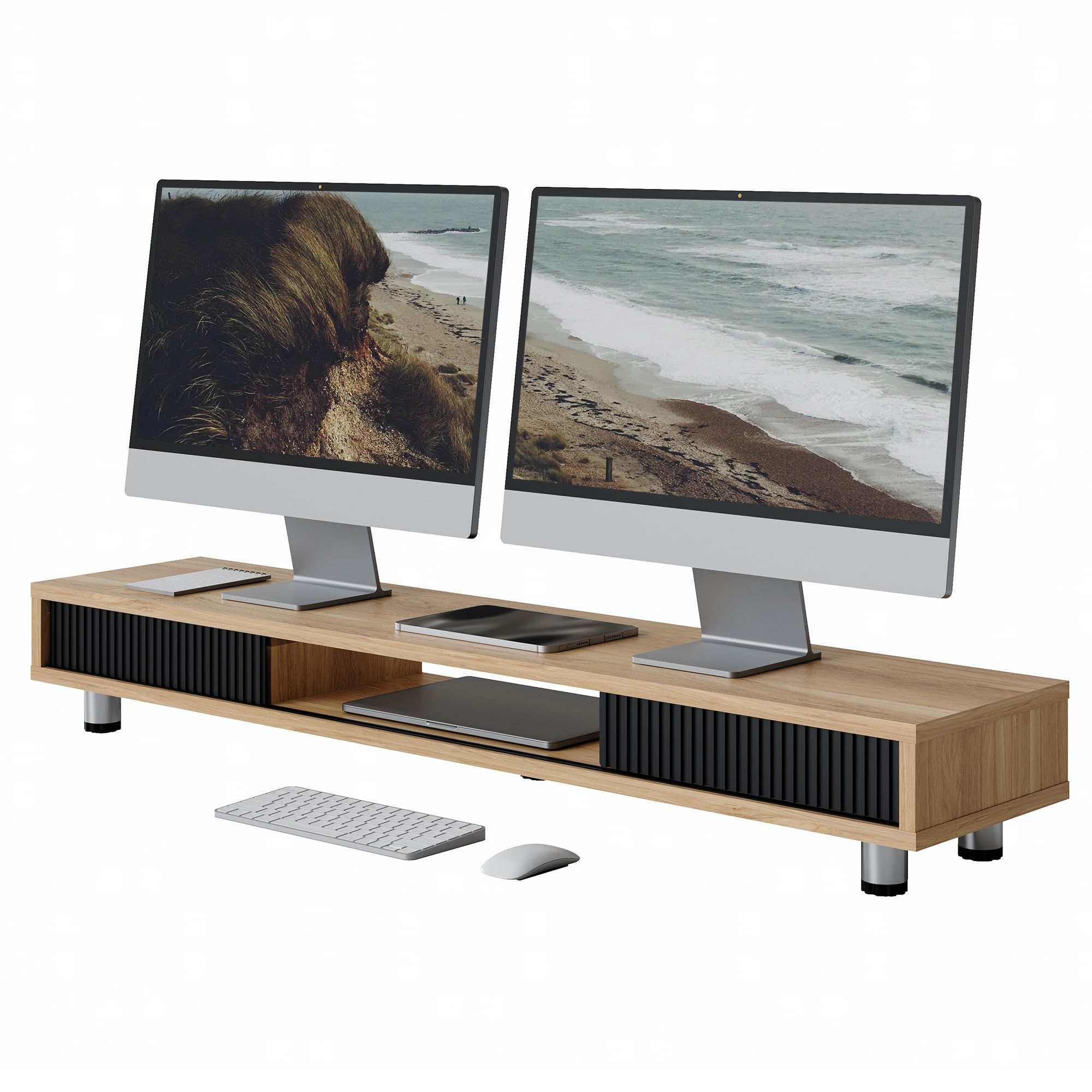 Fenge Dual Monitor Stand, 42.5inch Long Monitor Stands Riser for 2 Monitors, Glass Sliding Door with Storage Organizer Stand for Desk, 2 Tier Desk Shelf for Laptop, Pc, Printer, Computer, TV