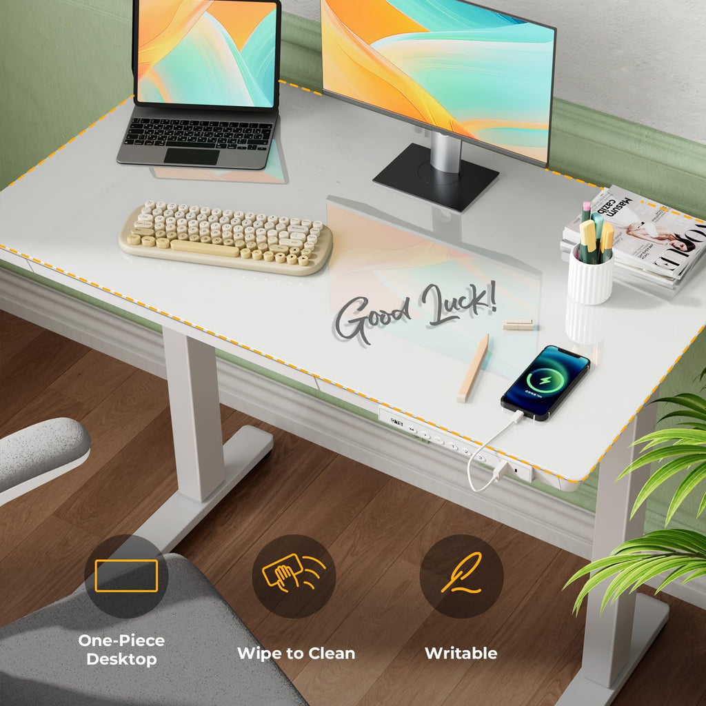 Glass Electric Standing Desk with Drawer, 35" x 20" Whole Piece Tabletop Samll Sit Stand Table, Height Adjustable Workstation with Storage & USB Ports, Quick Install Home Office Desk