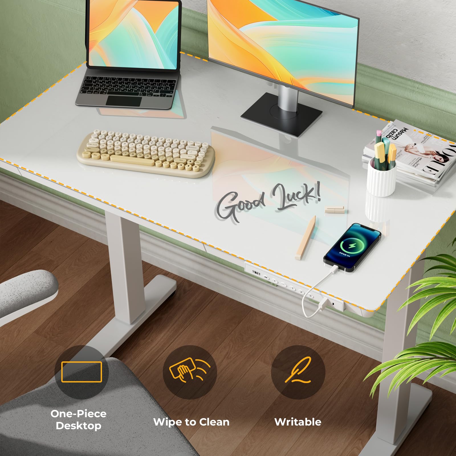 Glass Electric Standing Desk with Drawer, 35" x 20" Whole Piece Tabletop Samll Sit Stand Table, Height Adjustable Workstation with Storage & USB Ports, Quick Install Home Office Desk