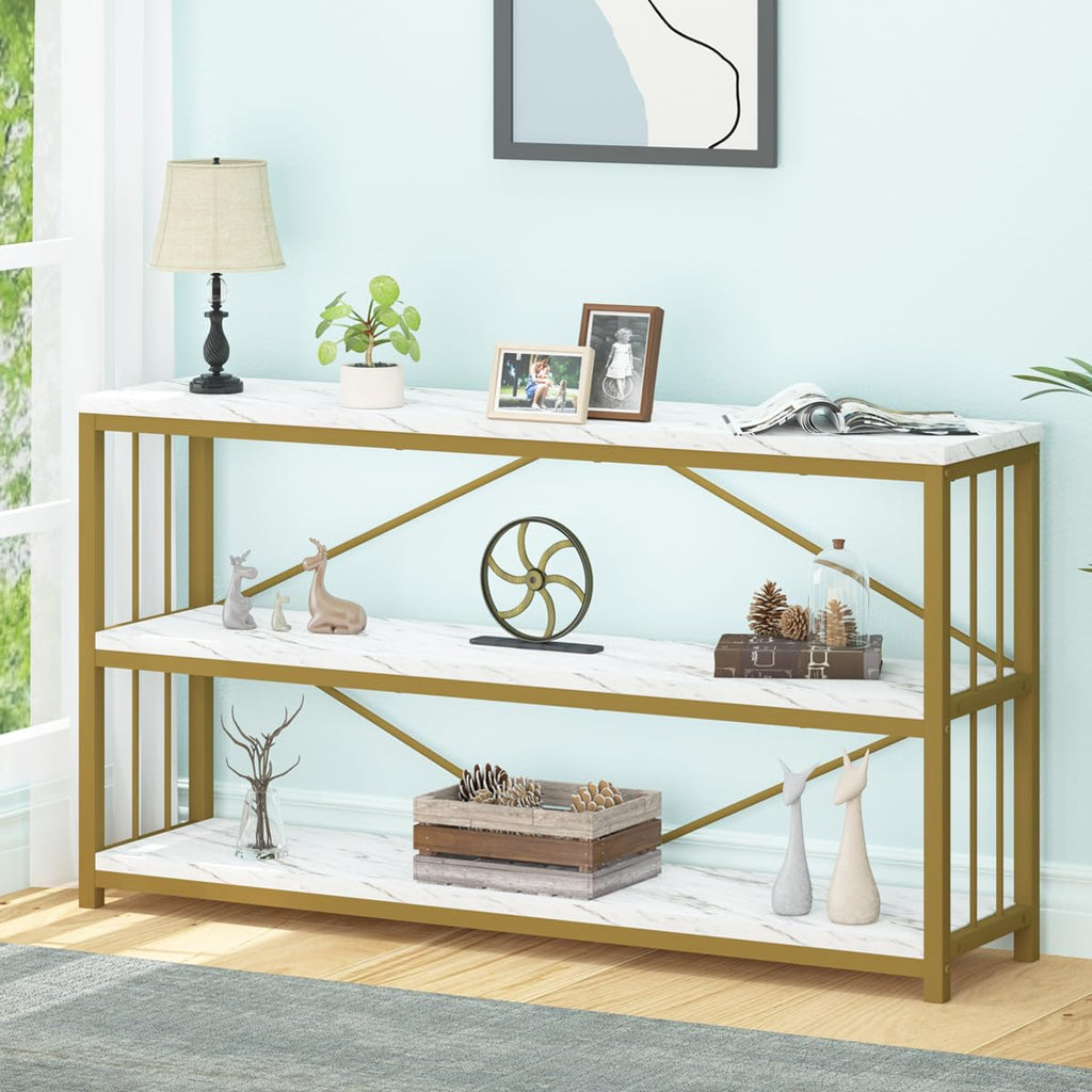 LVB Black Console Table, Modern Entryway Table for Hallway Living Room, Industrial Sofa Table Behind Couch, Farmhouse Wooden Metal Entry Table for Foyer with 3-Tier Storage Shelves, Black Oak, 55 Inch