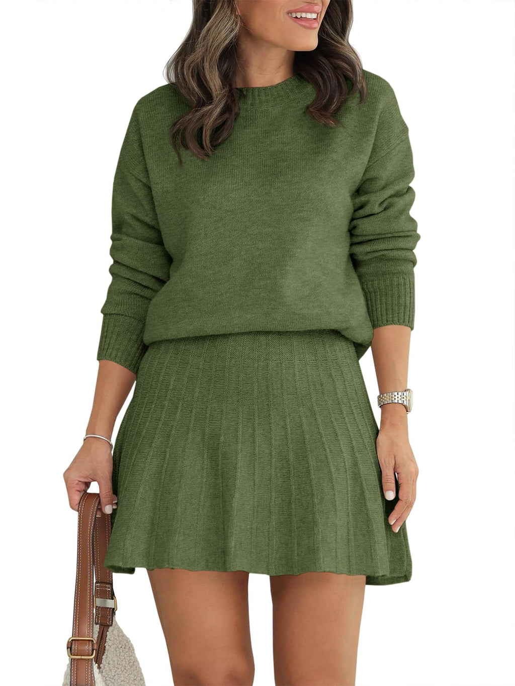Tankaneo Womens 2 Piece Skirt Sets Pullover Sweaters Pleated Mini Skirt Fall Winter Knit Trendy Sweater Sets