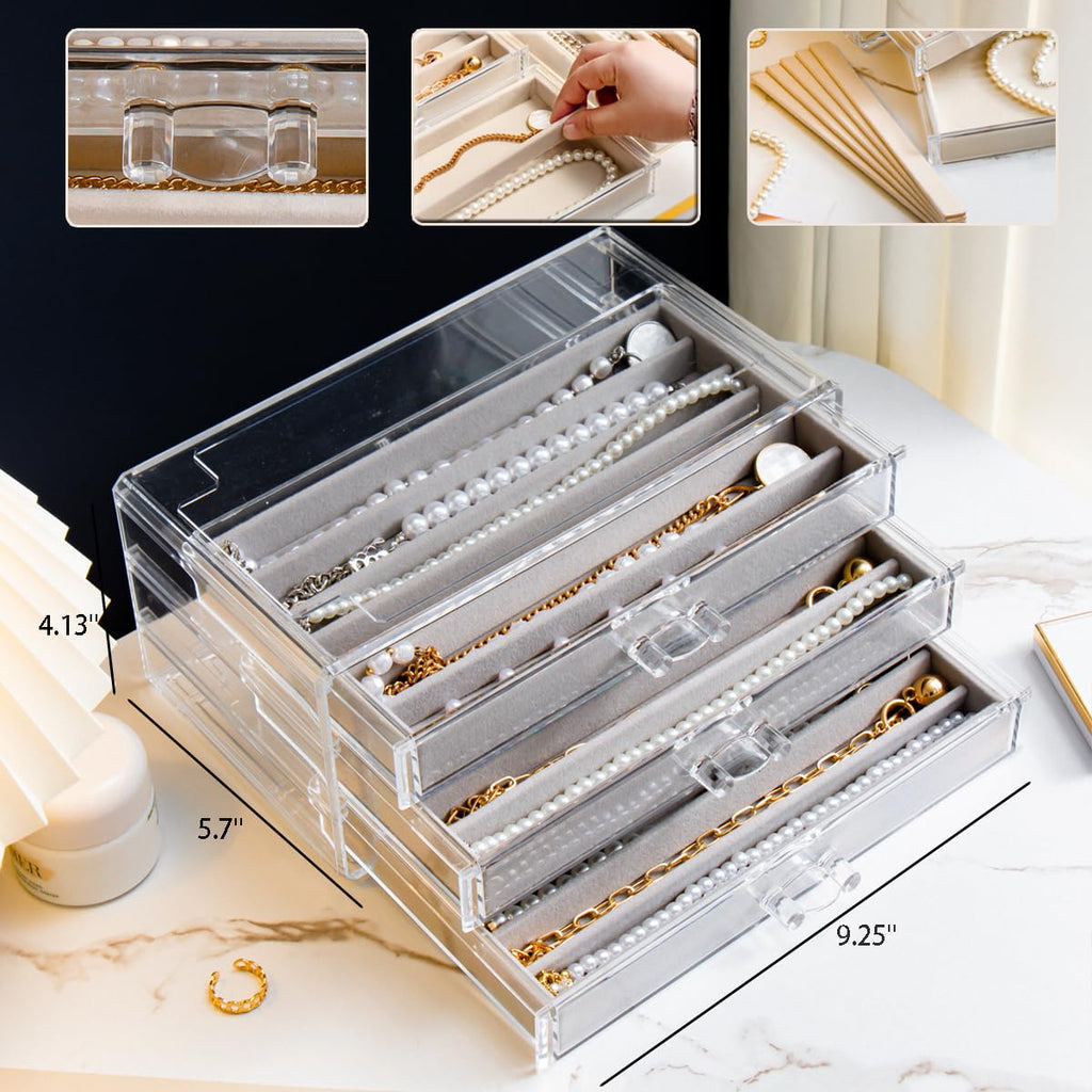 YUFONG Necklace Holder Organizer, Dustproof Necklace Box Velvet Necklace Organizer Box with Lid Clear Acrylic Dustproof Stackable Jewelry Displays for Necklaces Chain Display (Beige, 3 Drawer)