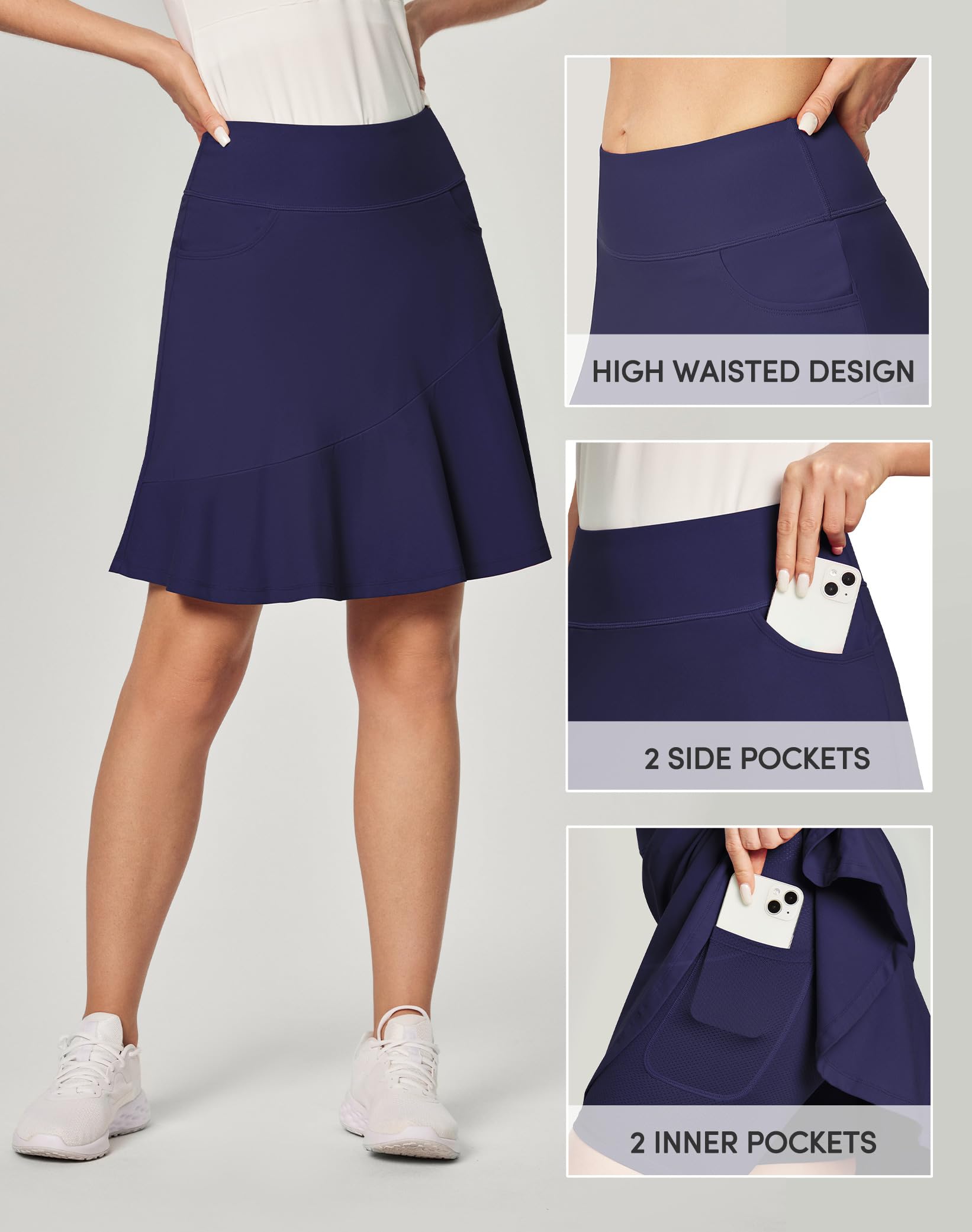 IUGA Ruffle Knee Length Skorts for Women with Pockets High Waisted Skirt with Shorts Underneath for Golf Athletic 20''