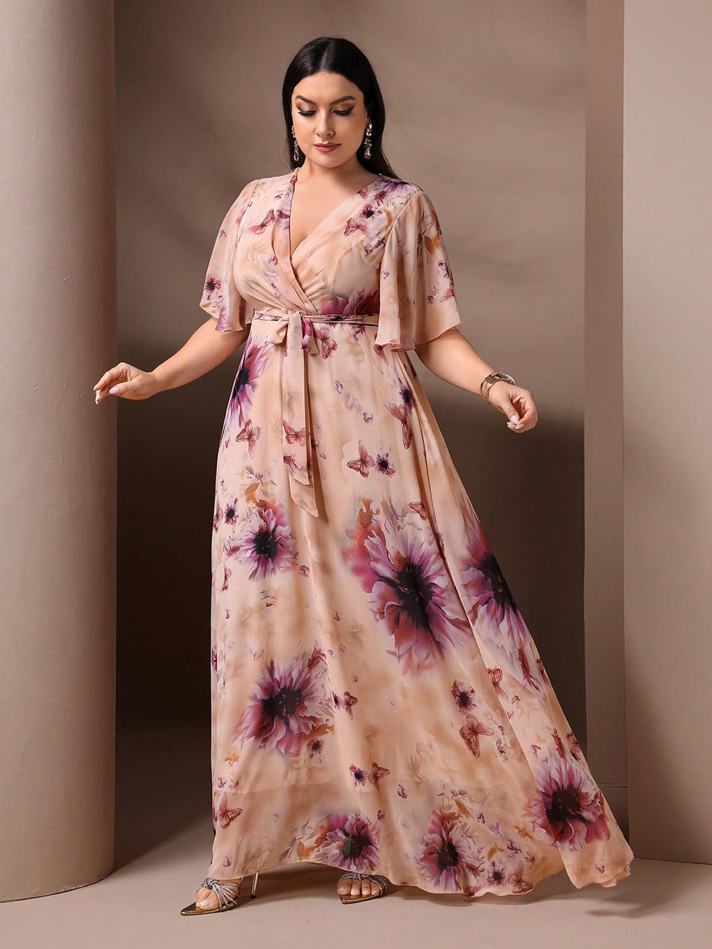 Spring Summer 2024 Plus Size Womens Dresses V Neck Casual Elegant Long Sleeve Floral Print Maxi Dress