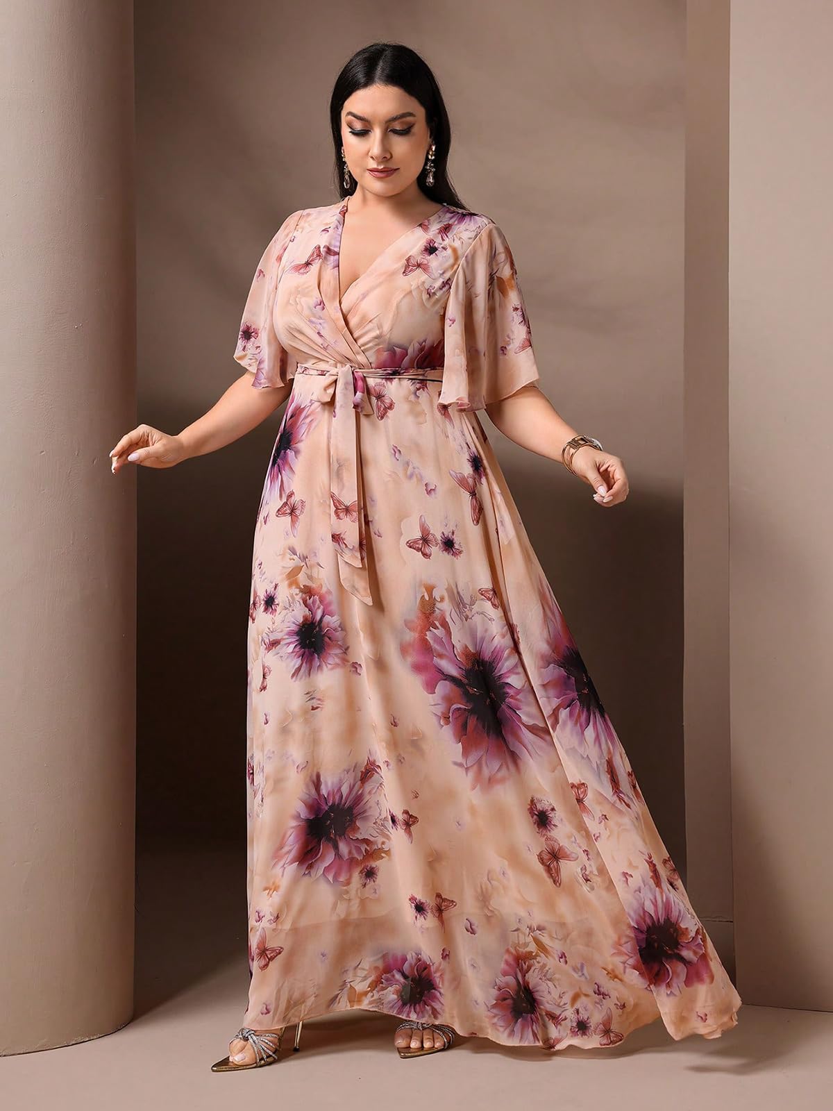 Spring Summer 2024 Plus Size Womens Dresses V Neck Casual Elegant Long Sleeve Floral Print Maxi Dress