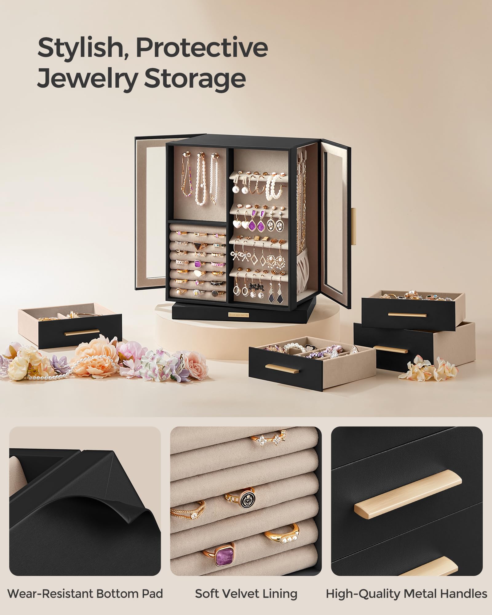 SONGMICS GISELLA Collection - Jewelry Box Organizer 360° Rotating, Vertical Jewelry Storage Case with 5 Drawers, Glass Window, Spacious, Open Design, Great Gift, Cloud White UJBC170W01