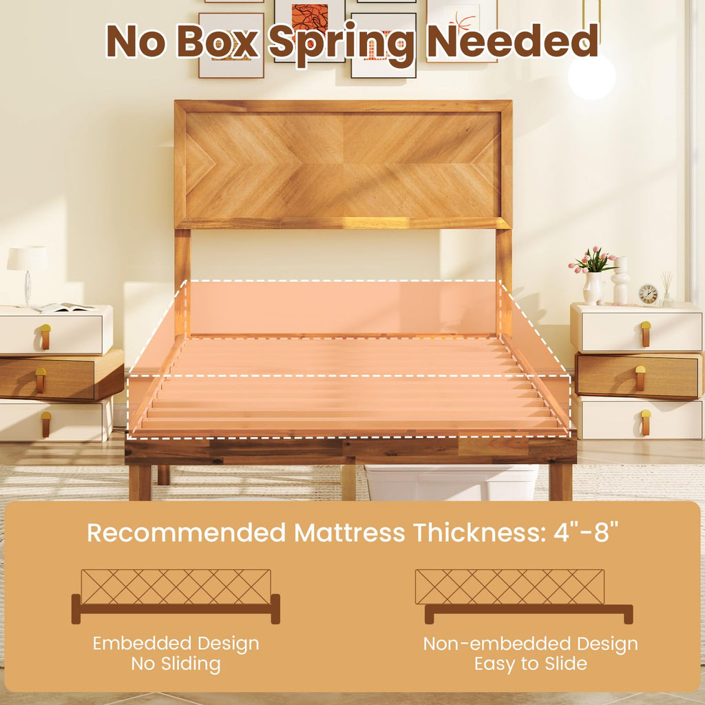 Giantex Wood Twin Bed Frames with Headboard, Solid Acacia Wood Platform Bed with 12 Strong Wooden Slat Support, Scandinavian Style Art Deco Twin Size Bed Frame, No Box Spring Needed, Rustic Brown