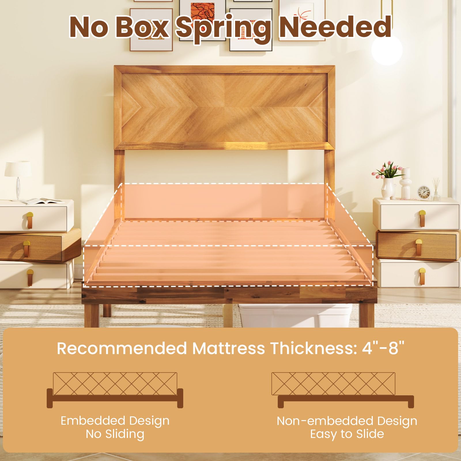Giantex Wood Twin Bed Frames with Headboard, Solid Acacia Wood Platform Bed with 12 Strong Wooden Slat Support, Scandinavian Style Art Deco Twin Size Bed Frame, No Box Spring Needed, Rustic Brown