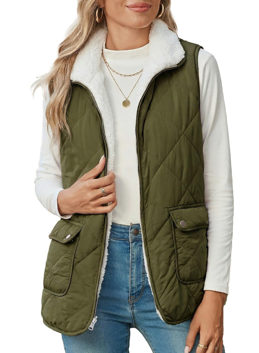 SHEWIN Women Puffer Vest Casual Stand Collar Sleeveless Puffer Jacket Warm Winter Reversible Zip Up Outerwear with Pockets