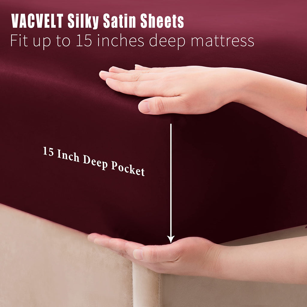 VACVELT 3pcs Beige Satin Sheets Twin Size Bed Set, 15 Inch Deep Pocket Silky Satin Sheet Set, Soft Satin Bedding Set Cooling & Luxury Bed Sheets, 1 Fitted Sheet + 1 Flat Sheet + 1 Pillowcase