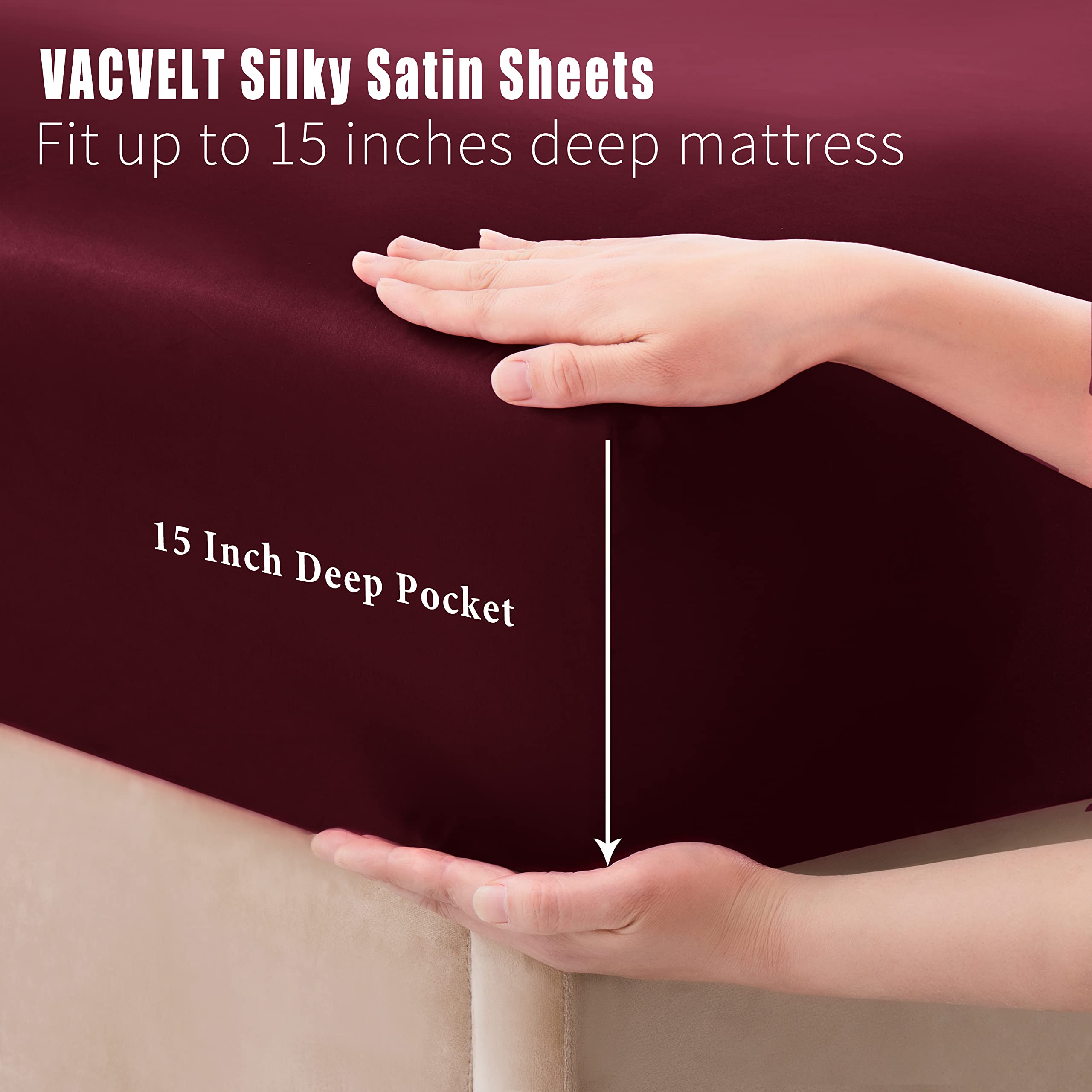 VACVELT 3pcs Beige Satin Sheets Twin Size Bed Set, 15 Inch Deep Pocket Silky Satin Sheet Set, Soft Satin Bedding Set Cooling & Luxury Bed Sheets, 1 Fitted Sheet + 1 Flat Sheet + 1 Pillowcase