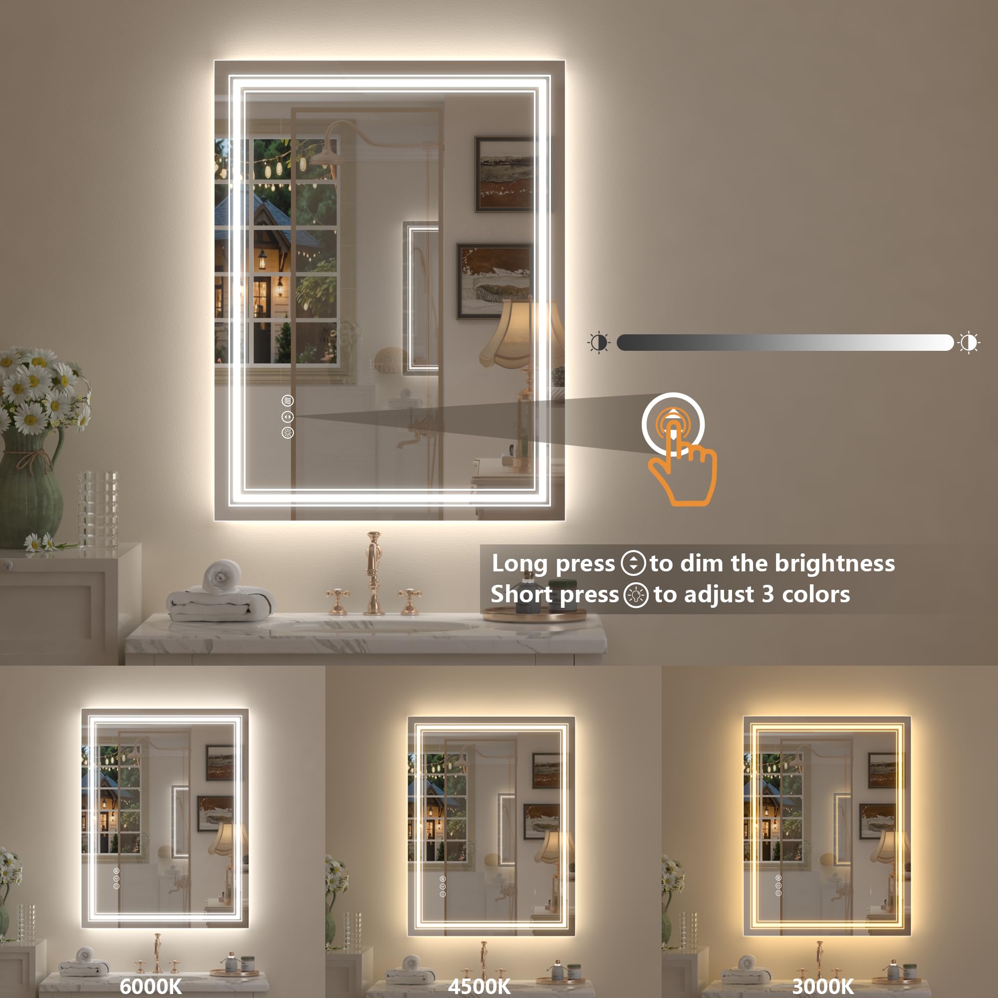 20x28 LED Bathroom Mirror, Vanity Mirror with Lights, Backlit and Front lit Mirror for Wall, Dimmable, Anti-Fog, Shatterpoof, Memory (Horizontal/Vertical)