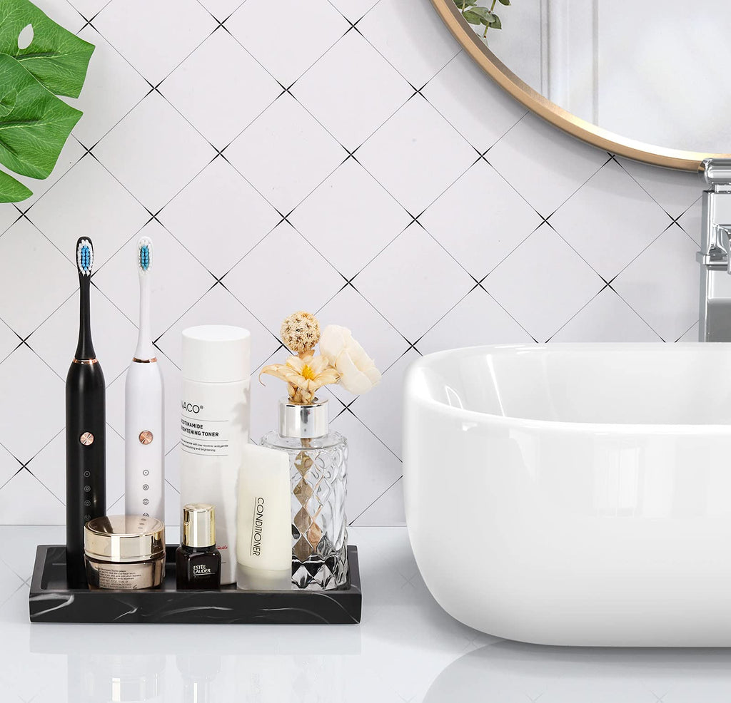 Luxspire Bathroom Vanity Tray, Resin Dresser Jewelry Ring Dish Tank Storage Kitchen Sink Countertop Organizer Plate Holder for Perfume Candles Soap Towel Plant Bathroom Accessories, M, Matte Black