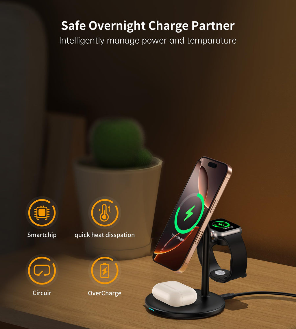 XooFly 3 in 1 Wireless Charging Station for Apple Devices, Fast Wireless Mag-Safe Charger Stand with 20W Adapter for iPhone 17/16 15 14 13 12 Pro Max/Pro/Plus/Air/Mini, iWatch, AirPods (Black)
