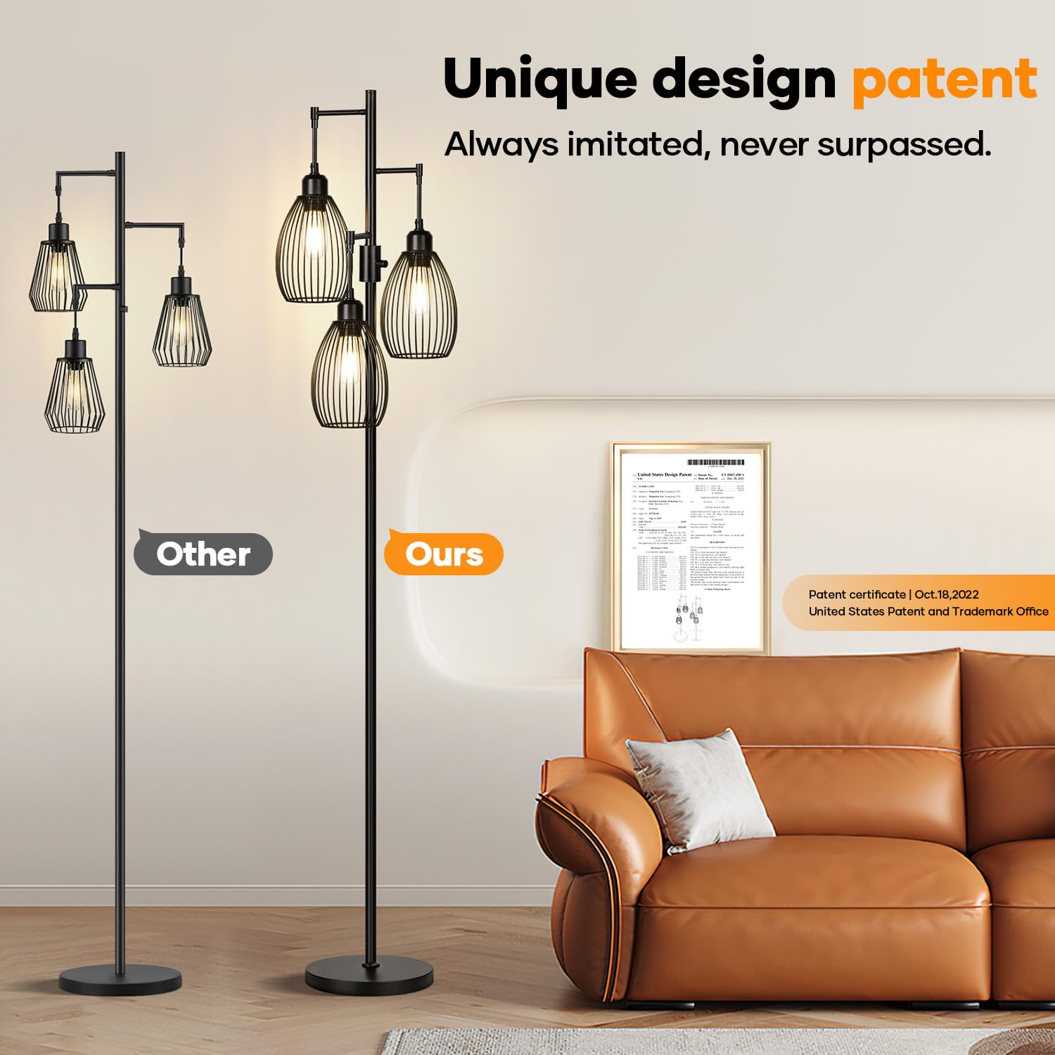 Dimmable Floor Lamp, 3 x 800LM LED Edison Bulbs Included, Farmhouse Industrial Floor Lamp Standing Tree Lamp with Elegant Teardrop Cage Tall Lamps for Living Room Bedroom Office Dining Room-Brass