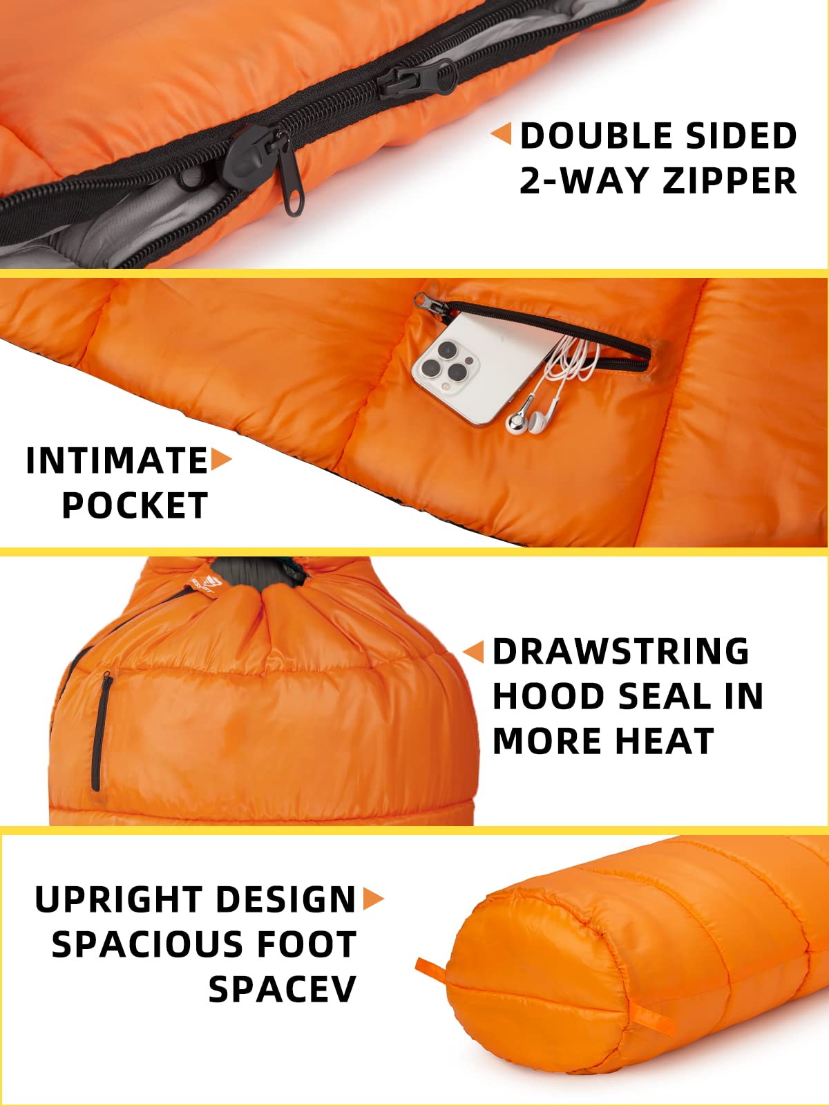 Bessport Mummy Sleeping Bag | 15-45 ℉ Extreme 3-4 Season Sleeping Bag for Adults Cold Weather– Warm and Washable, for Hiking Traveling & Outdoor Activities